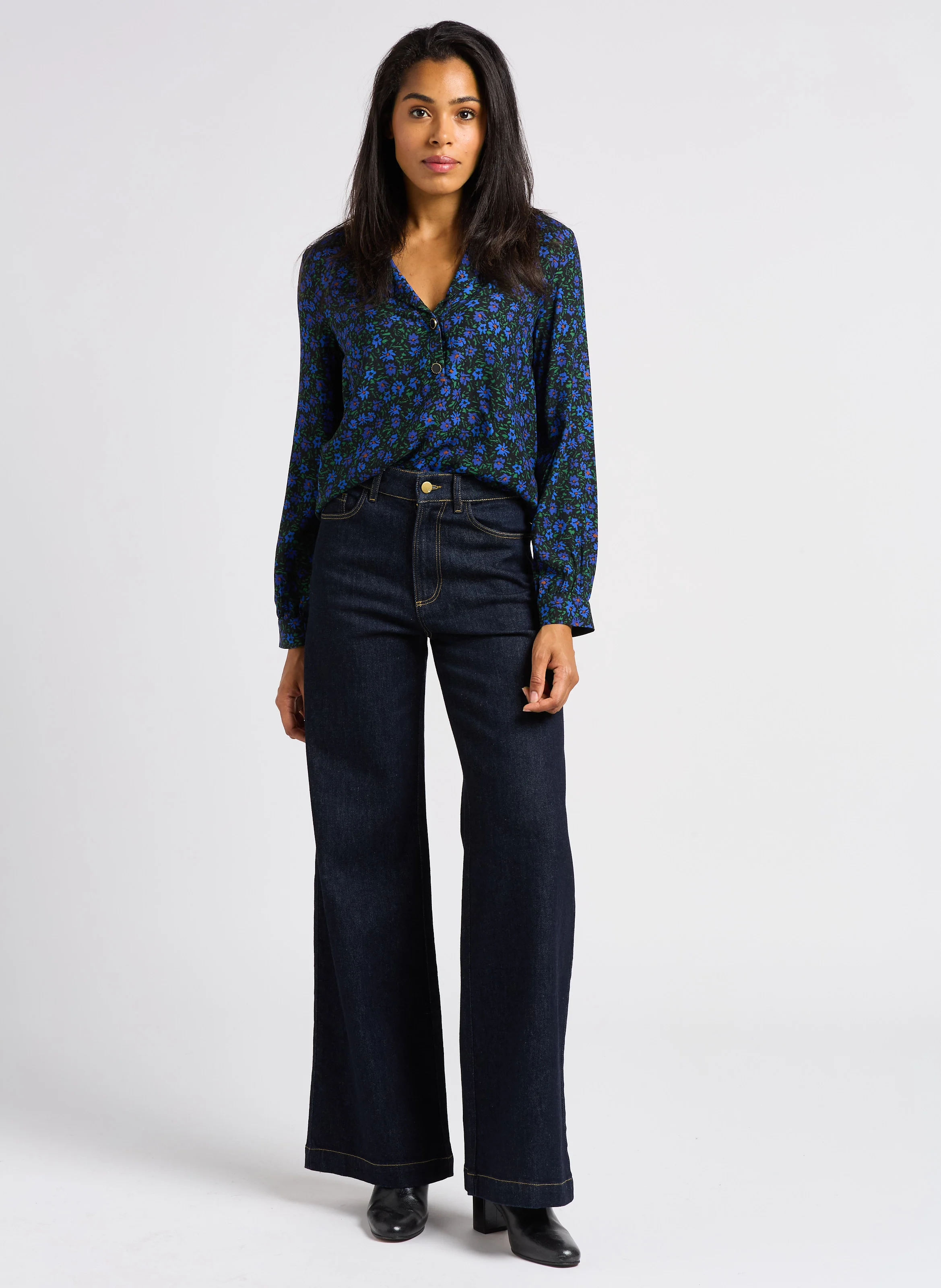 Jean flare taille haute en coton stretch | Bleu