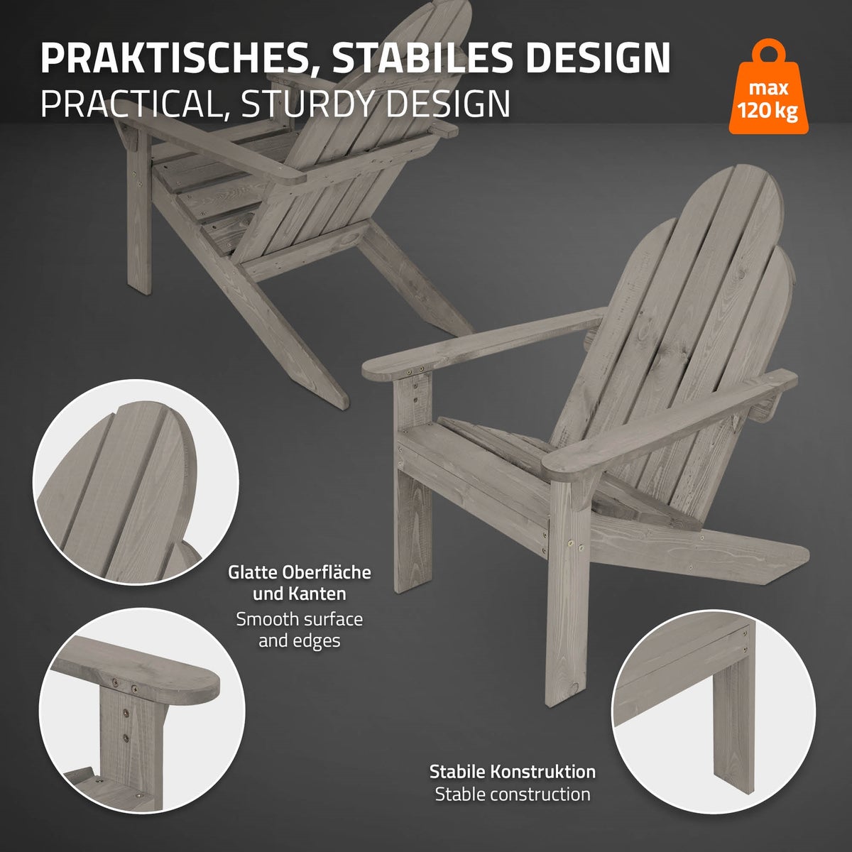 ML-Design Adirondack stoel van massief dennenhout, 92,5x70x89 cm, grijs, tuinstoel met rugleuning en armleuningen, ergonomische houten stoel, weerbestendige tuinfauteuil, relaxstoel voor balkon, tuin, strand