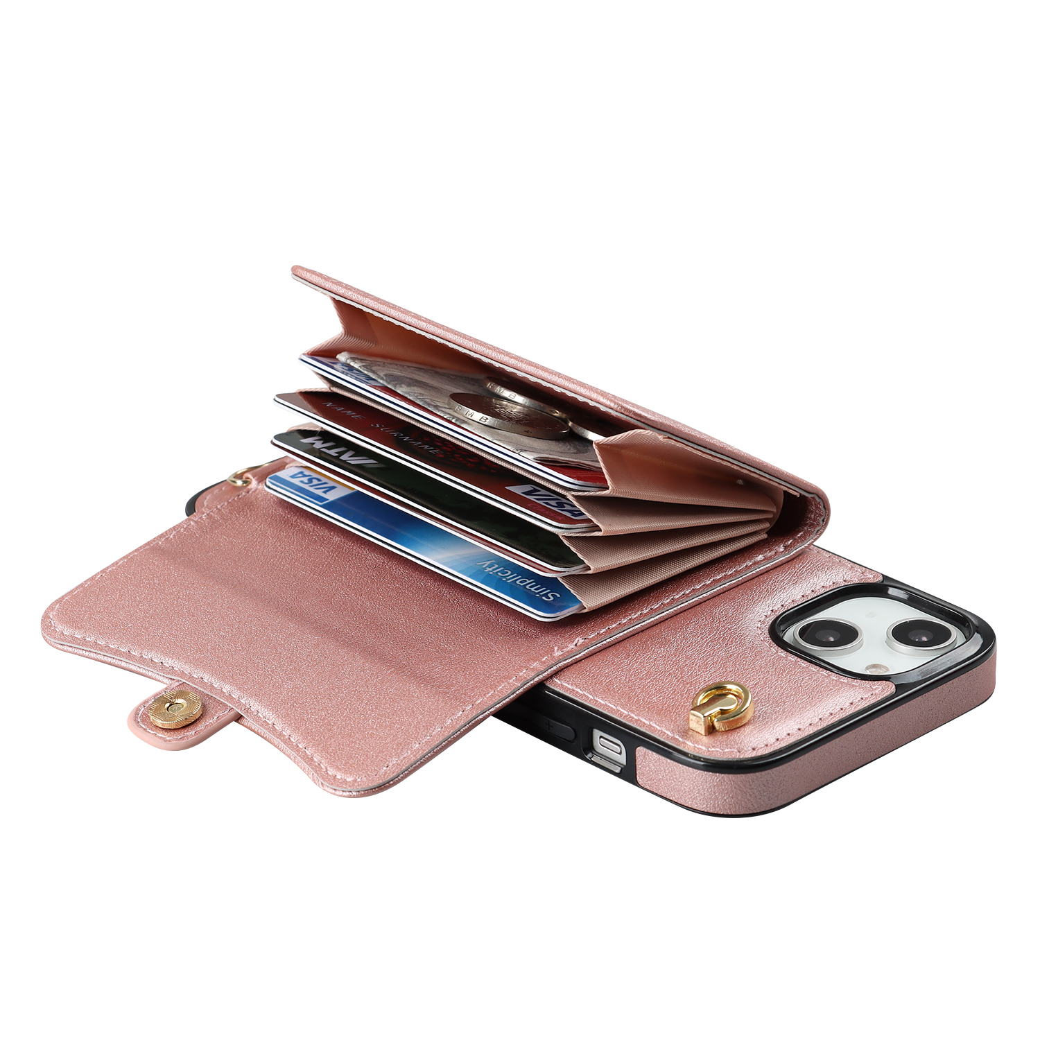 iPhone 14 / iPhone 13 Necklace Leder Schutz Hülle mit Kartenfach   Handykette (140cm) - Roségold