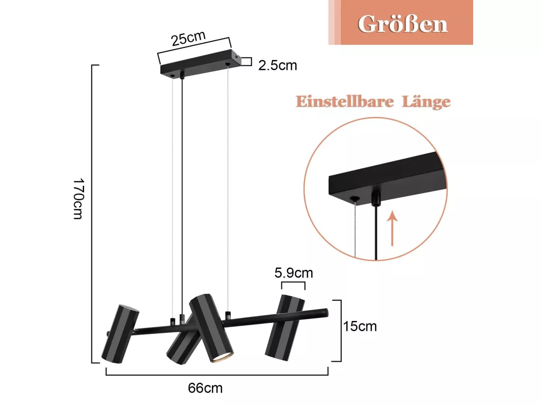 NETTLIFE Suspension métal noir diamètre 66 cm GU10 4 flammes salon moderne industriel pour intérieur cuisine chambre