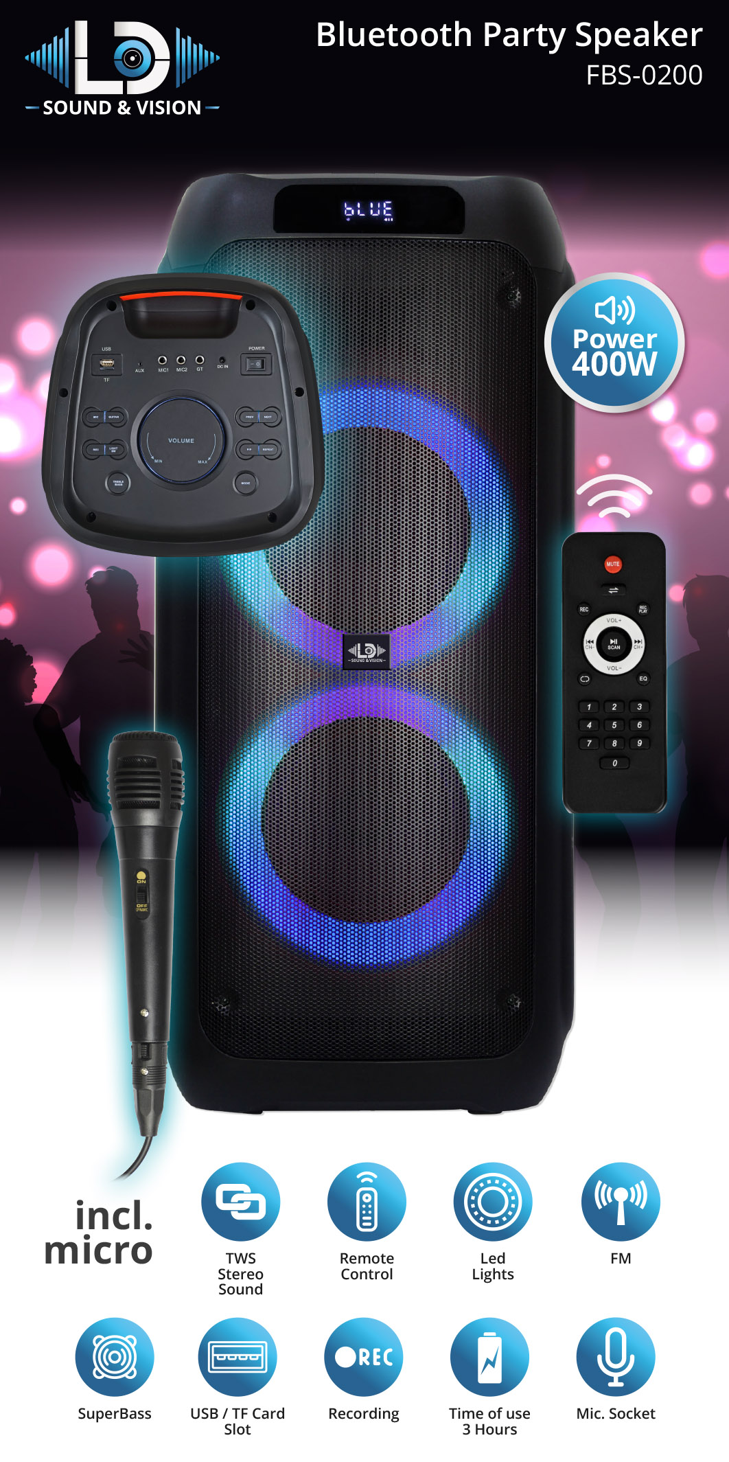 Bluetooth Party Speaker 400W LD Sound & Vision FBS-0200