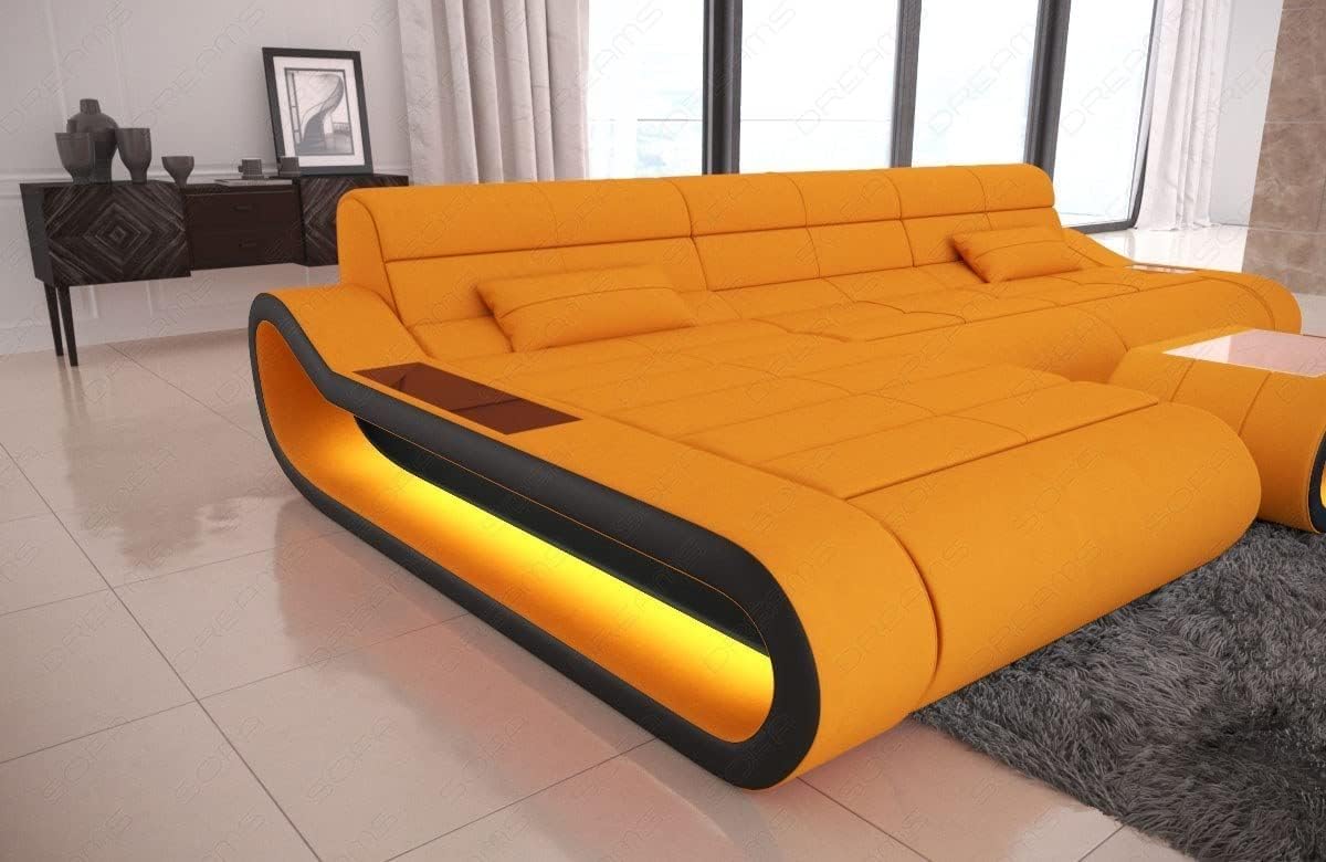 Sofa Dreams Ecksofa Concept lang - mit LED Beleuchtung, Ottomane/Mikrofaser/Ausrichtung wählbar (Ottomane Links, Schwarz-Aprico)