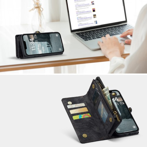 iPhone 16e 2in1 Leder Tasche   Magnet Hardcase Karten Etui - Schwarz
