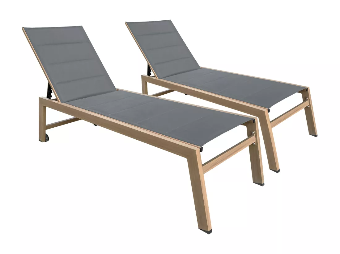 Lot de 2 bains de soleil effet bois inclinable avec roues gris - Futuna