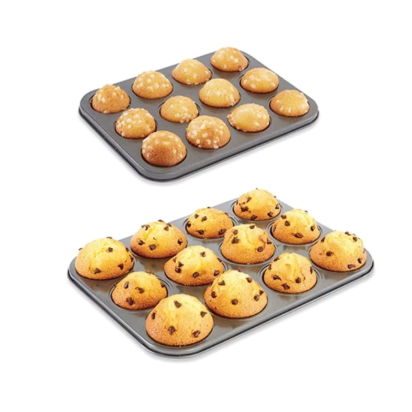 Lot 2 plaques 12 muffins et 12 mini-muffins acier revêtement antiadhér