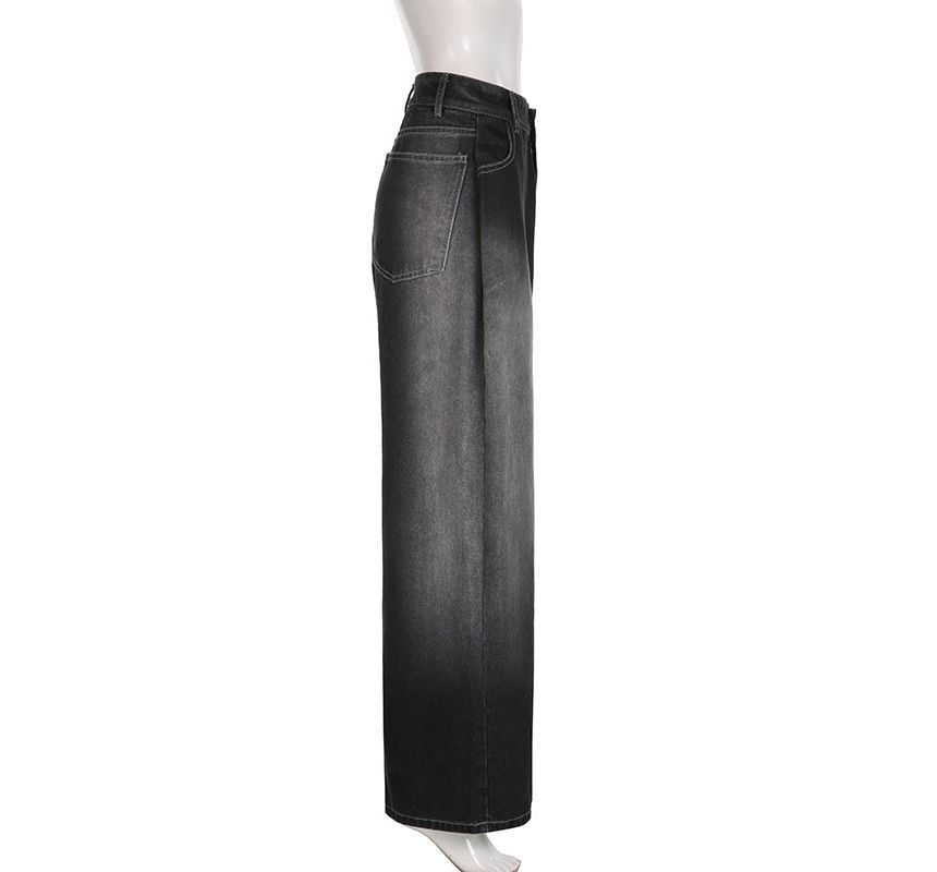 Genrovia - Mid Waist Washed Wide Leg Jeans