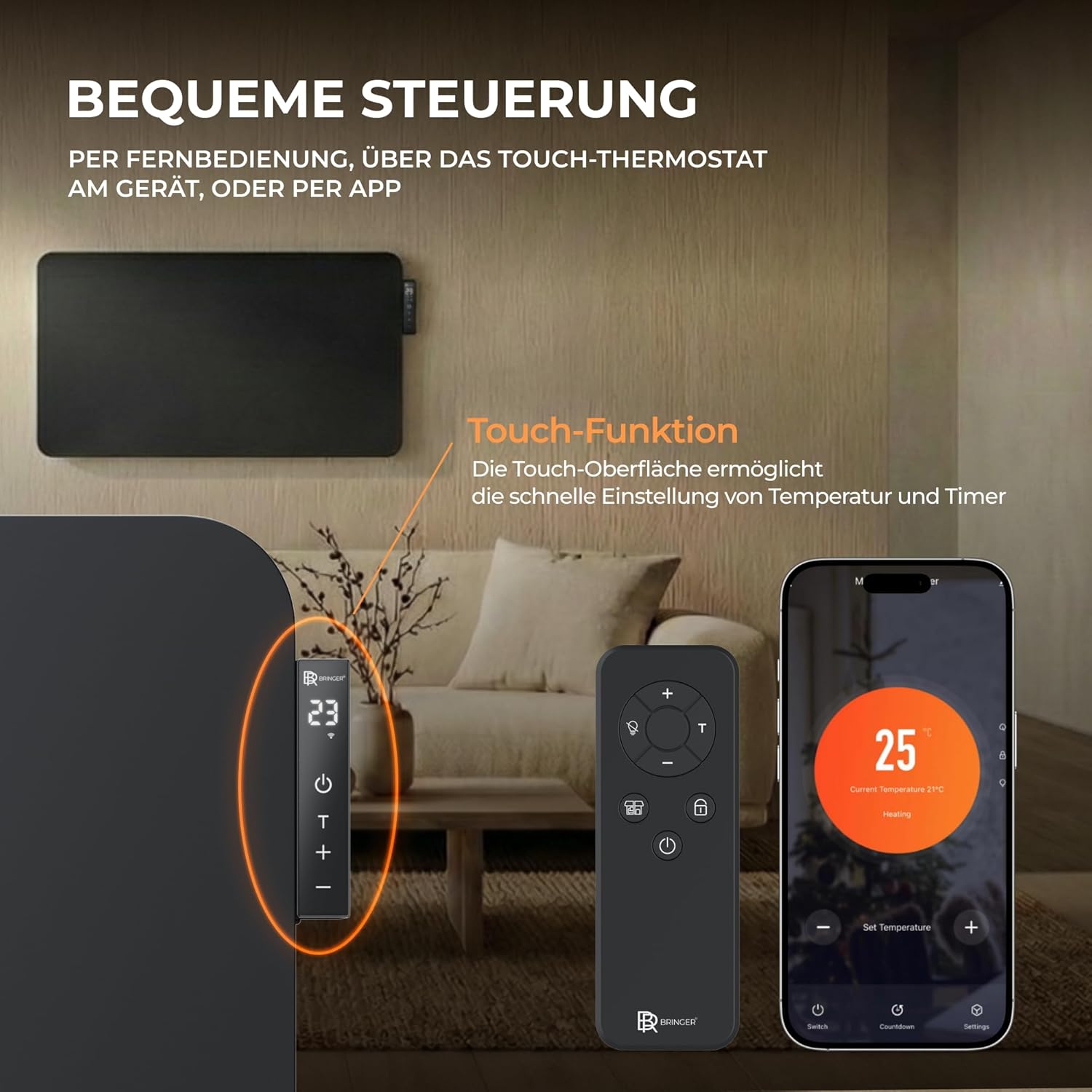 BR Bringer Hybrid Infrarotheizung 2000 Watt mit Konvektion - Smart Thermostat, WIFI & App - für Wandmontage oder als Standgerät für Räume bis 30m² - Energiesparend - Deutsche Qualitätsmarke (schwarz)