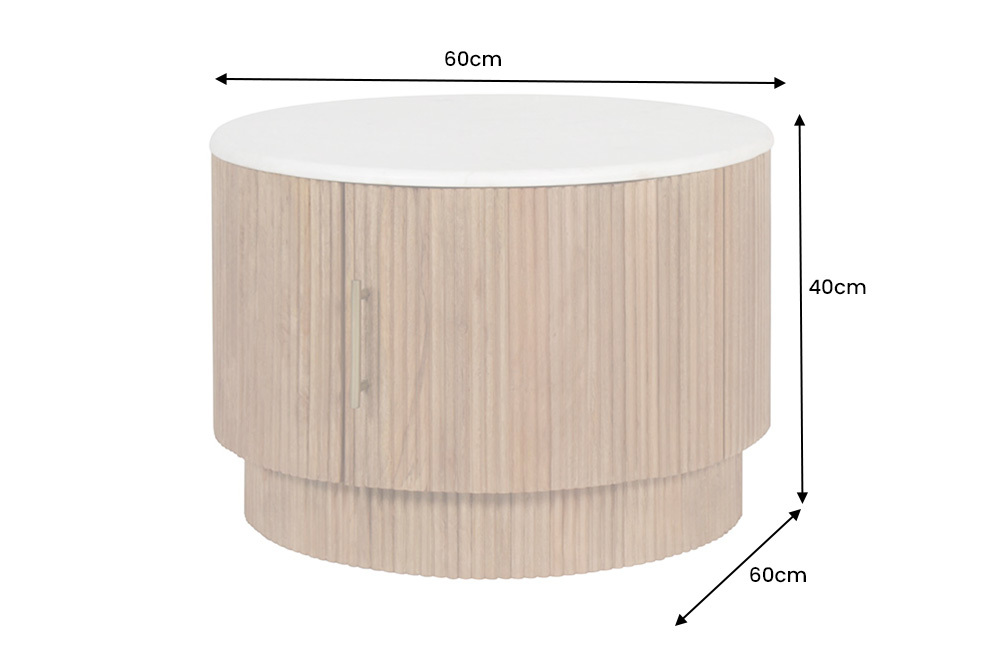 Runder Couchtisch TRES CHIC 60cm weiß Marmor natur Mangoholz mit Stauraum