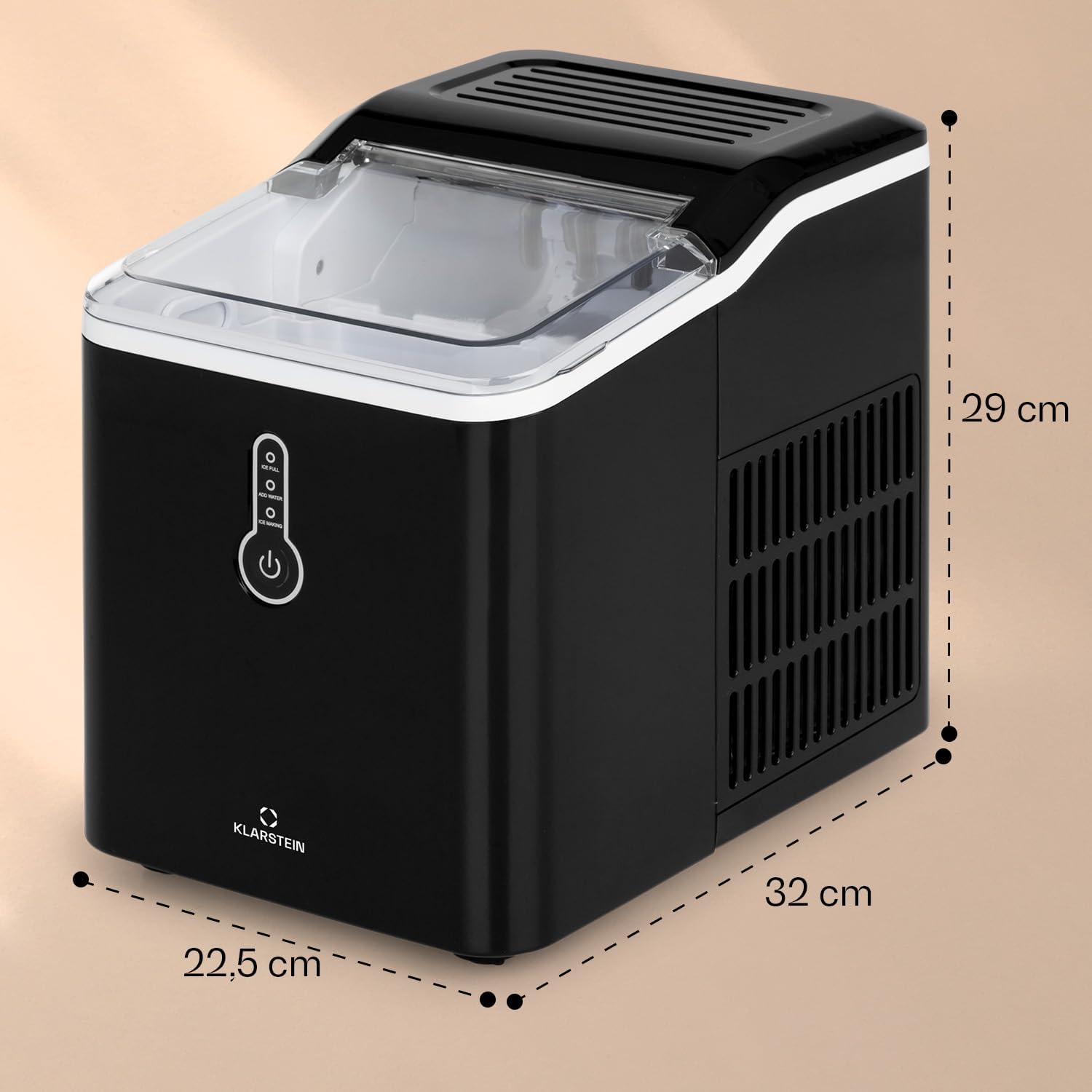 Klarstein Eiswürfelmaschine Klein, 1,5L Eiswürfelbereiter, Eiswürfelmaschine für Große Eiswürfel, Schnelle Mini-Eiswürfelmaschine, Leichte Reinigung, Eiswürfelbereiter 12kg Eis pro Tag
