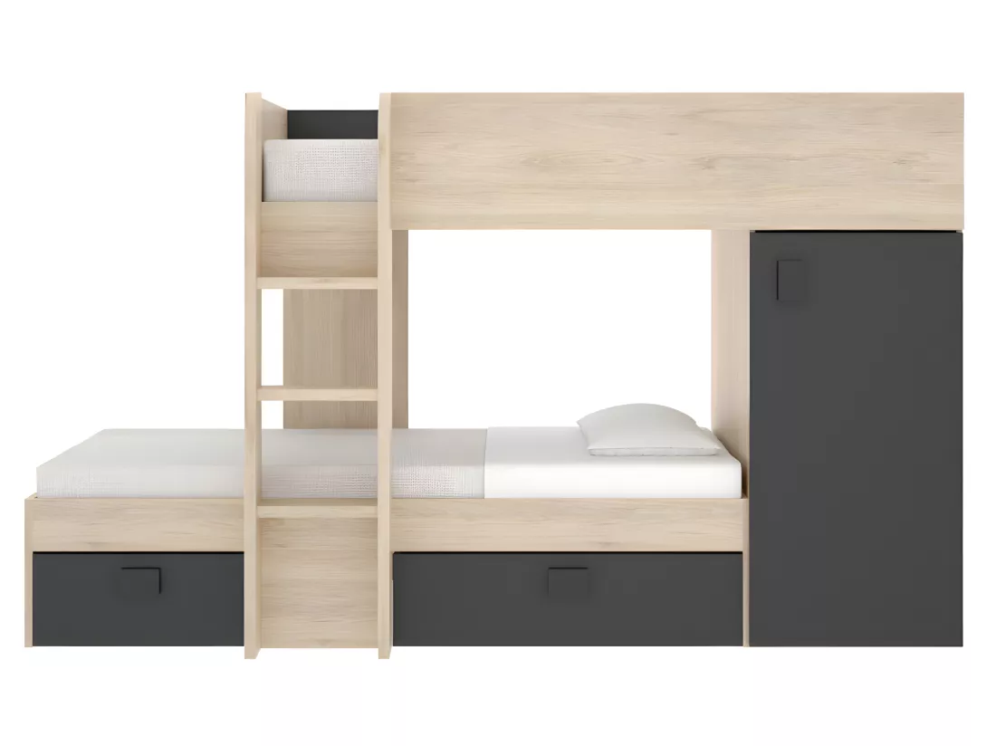 Lits superposés d'angle réversibles RICARDO - 2 x 90 x 190 cm - Rangements intégrés - Chêne et anthracite