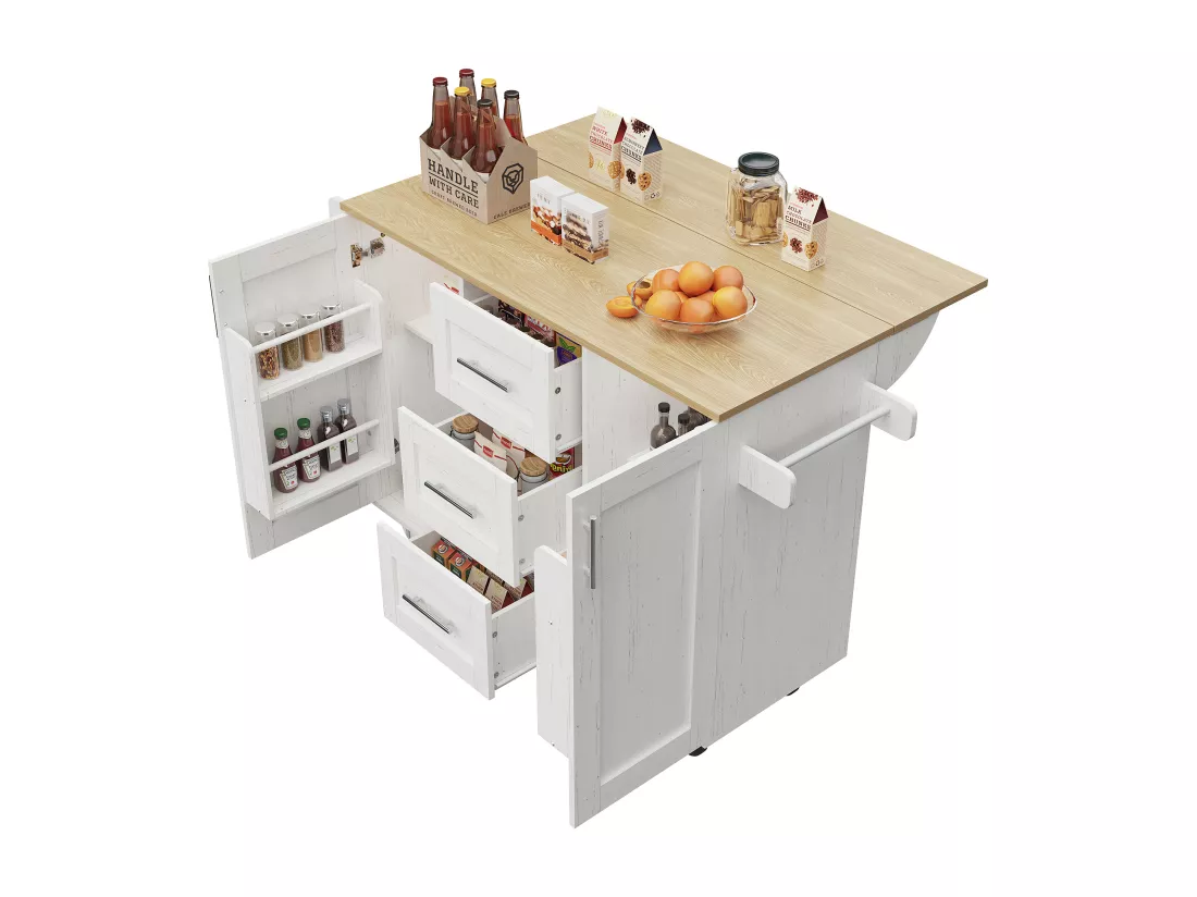 Ilot central de cuisine - chariot à roulette avec plateau extensible - 3 tiroirs et 2 portes - Blanc