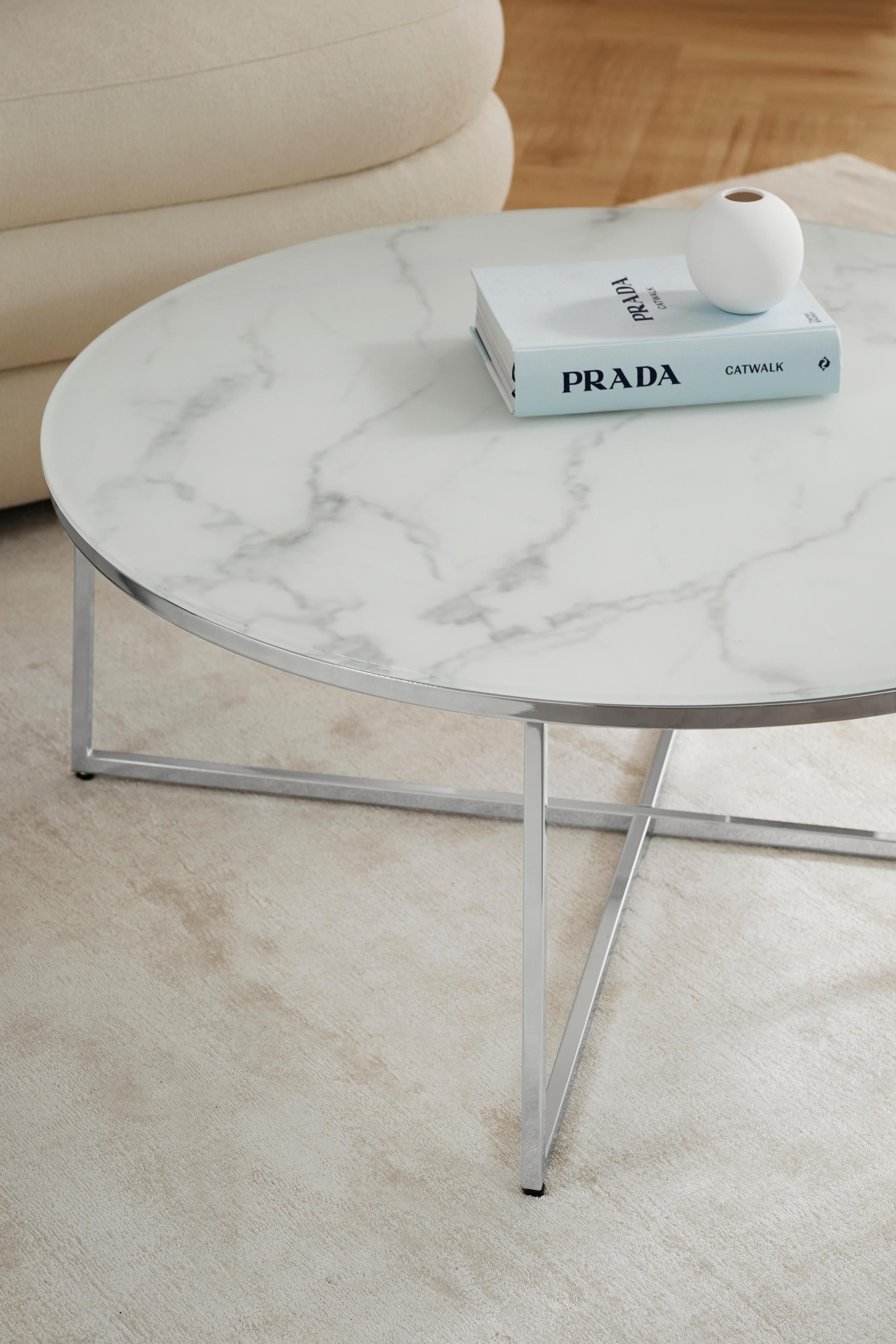 Ronde XL-salontafel Antigua met glazen tafelblad in marmerlook