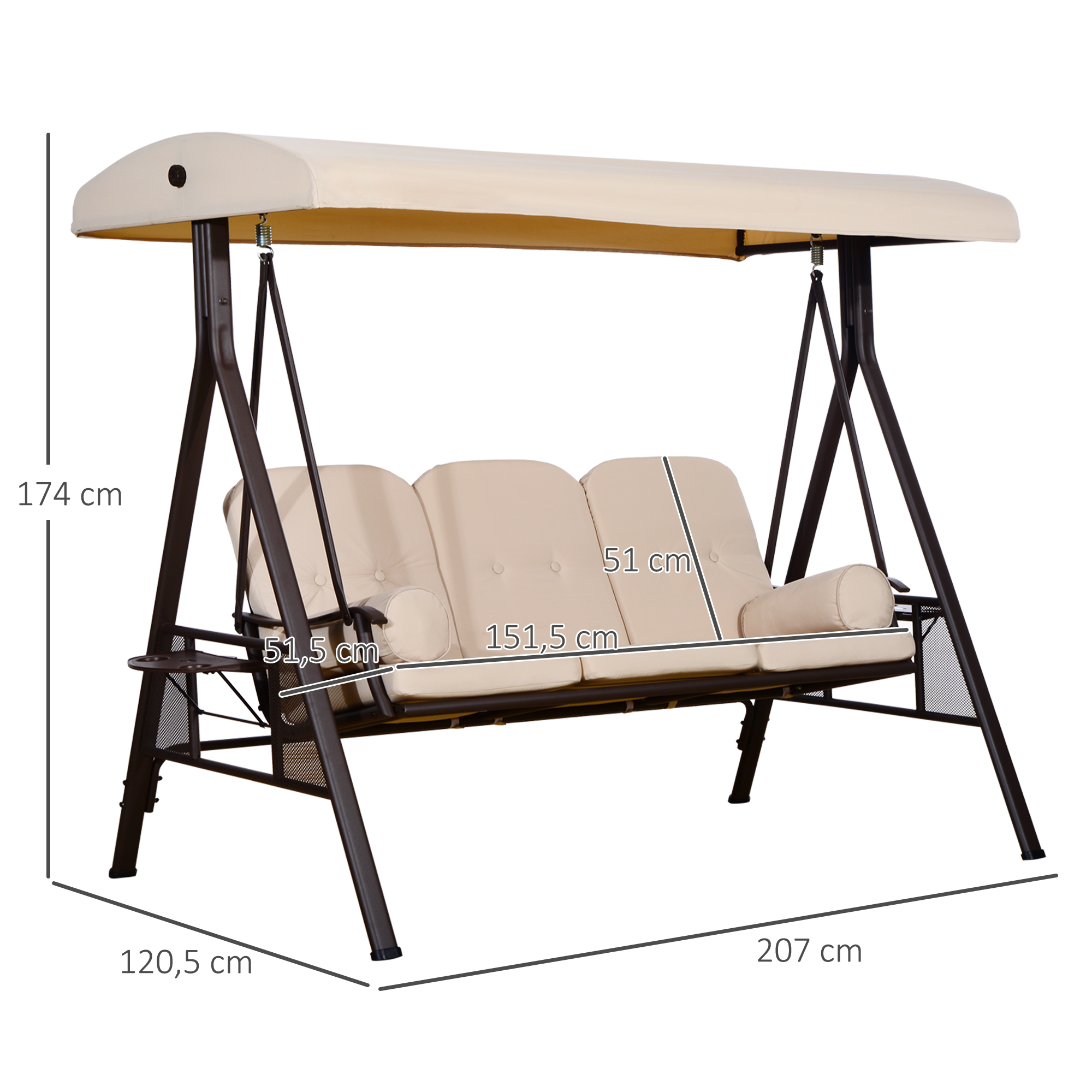 Cadeira de balanço de jardim Outsunny de 3 lugares com cobertura para proteção solar, 2 almofadas, bandeja para bebidas e estrutura de metal para pátio, varanda e uso externo, carga máxima de 360 kg, 207 x 120,5 x 174 cm, bege