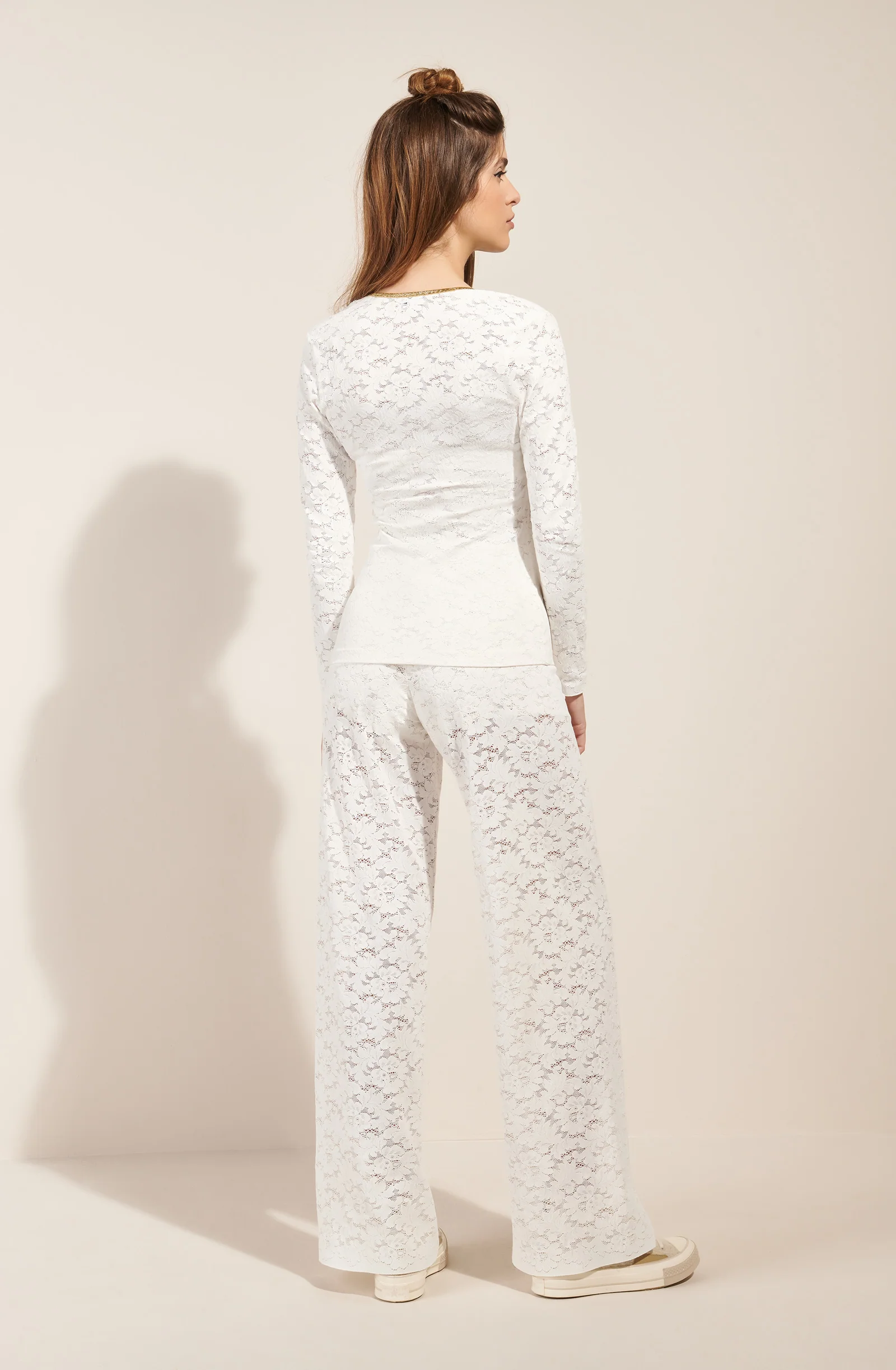 tanak Top en dentelle blanc écume, finitions lurex doré Écume