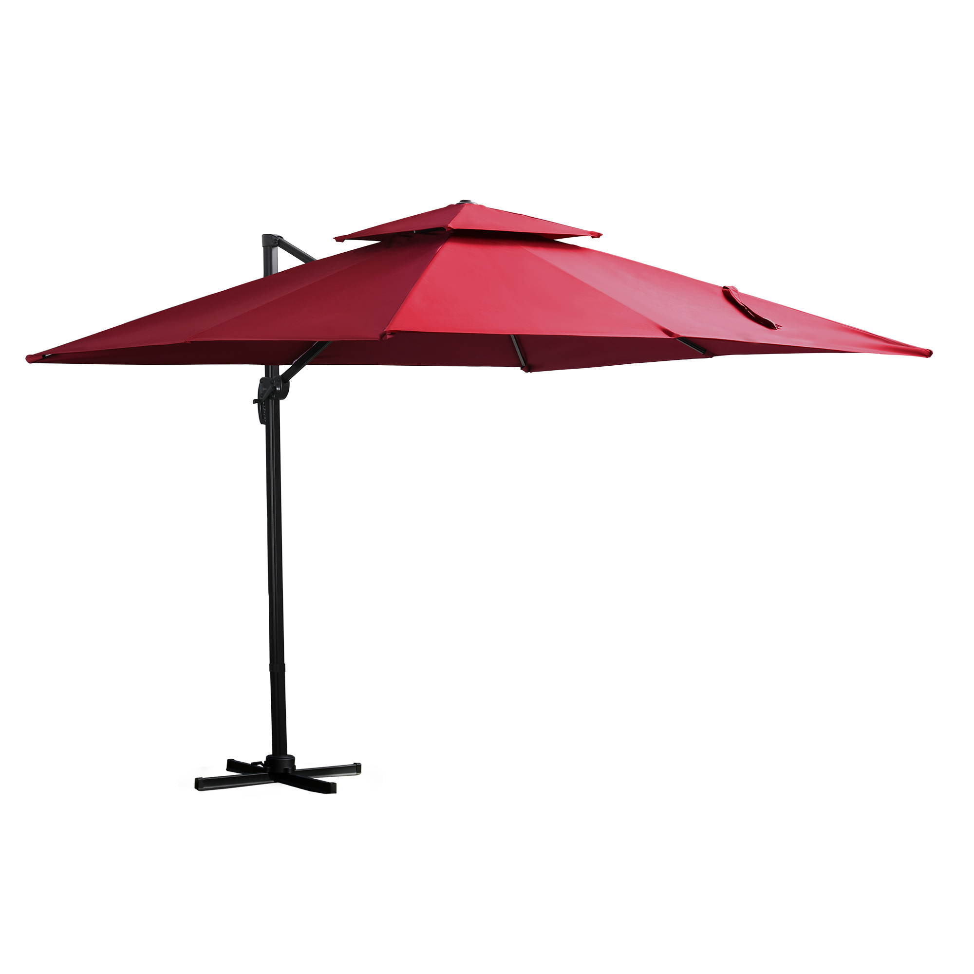 Guarda-sol de jardim Outsunny 300x300 cm em alumínio com manivela, mastro giratório 360°, cobertura dupla, inclinação em 6 posições e base cruzada incluída, vermelho