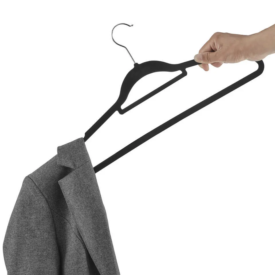 Set van 50 kleerhangers - Fluweel - Anti-slip - Kapstokken met Broeklat - Zwart