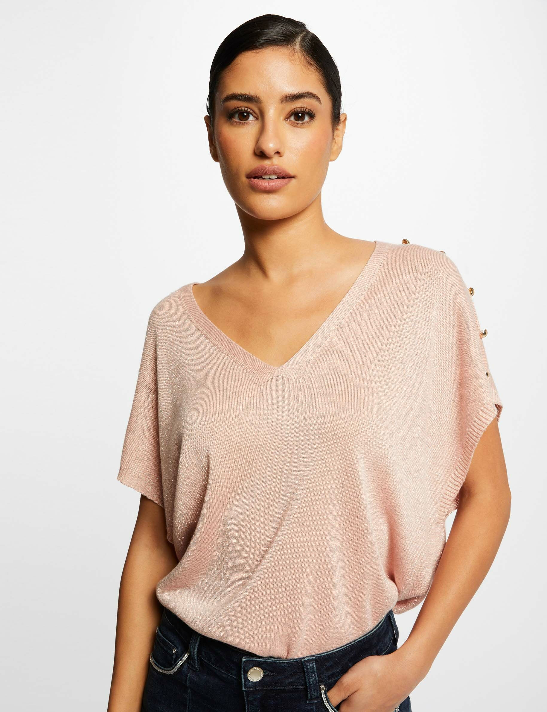 Pull manches courtes à col en V rose clair femme - rose_clair