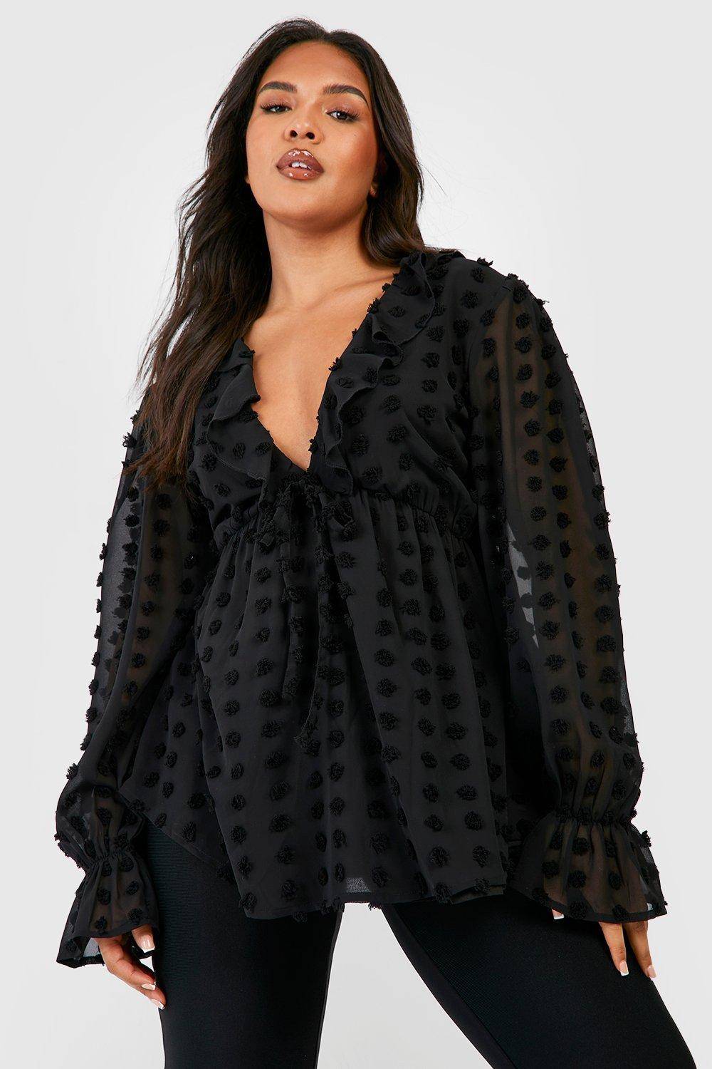 boohoo Plus Large Dobby Chiffon Ruffle Smock Top