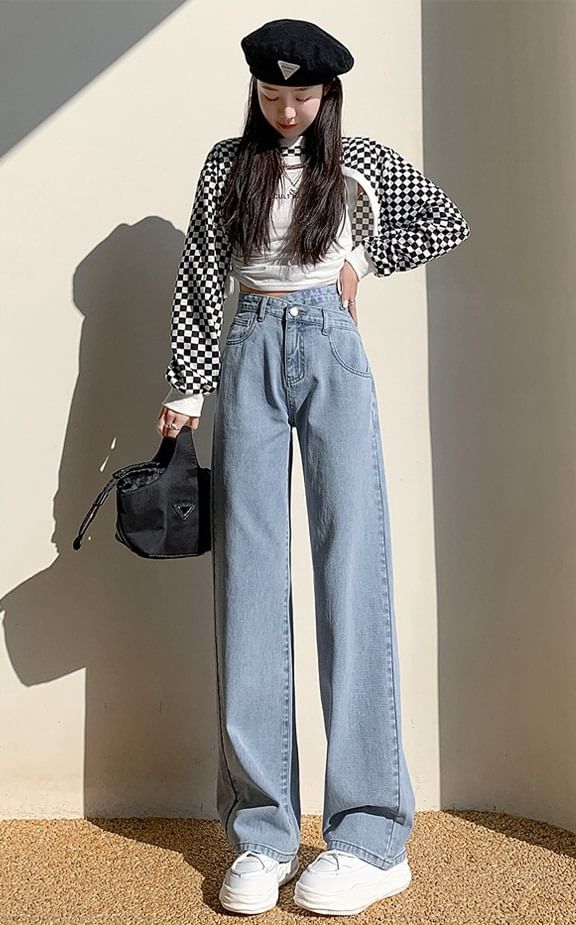 Baoinie - High Rise Asymmetrische Washed Straight Leg Jeans