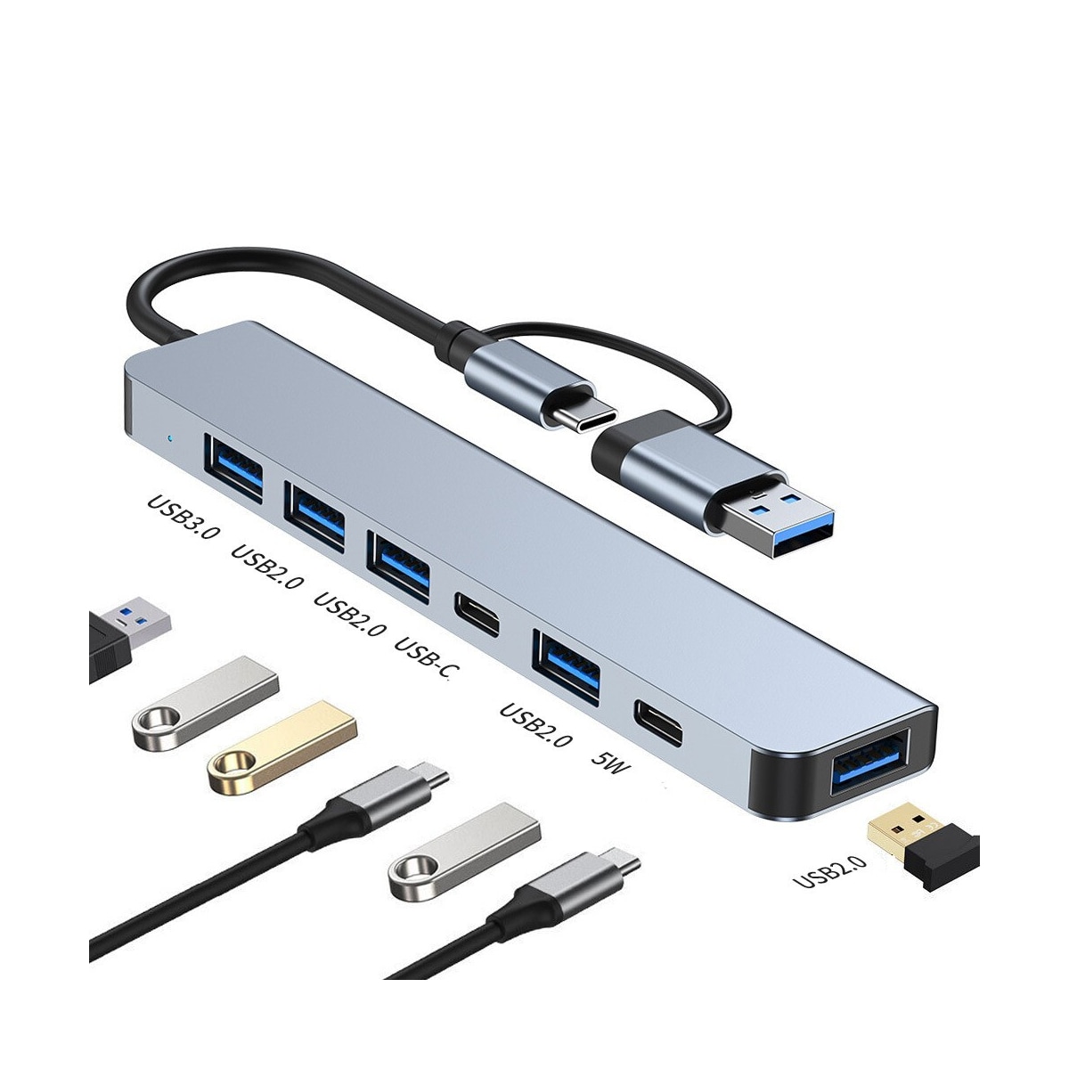 USB-C / USB-hub 7-porter USB3.0 for Windows MacOS Grå