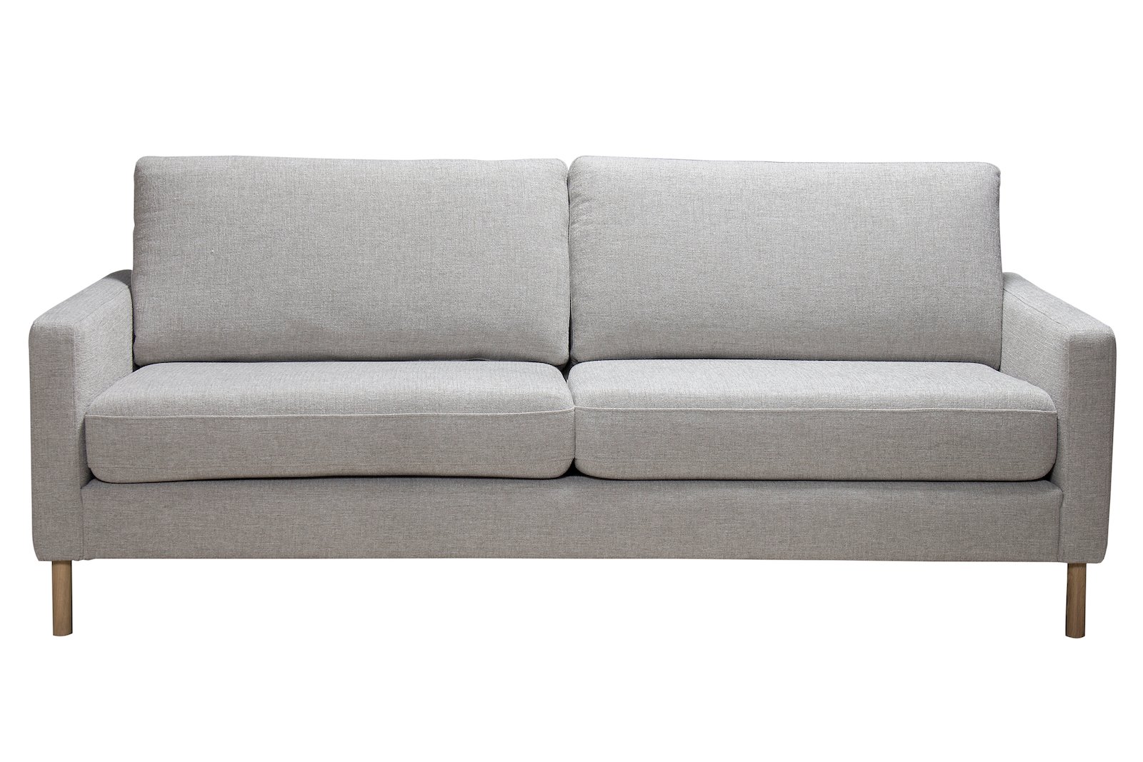 Pixel 3-seter sofa I tekstil Jenny Beige, duo puter, arm A10, Ben W31 hvitoljet eik og høy front. Komfort 2 puter.