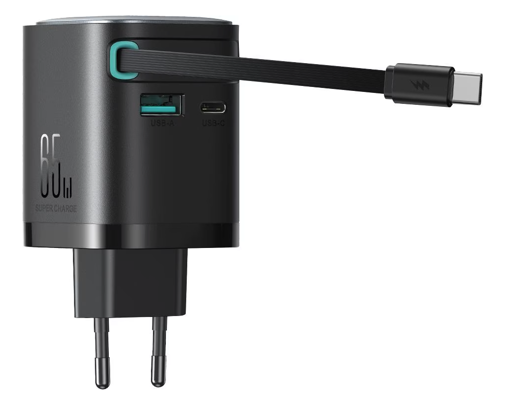 (65W) 3in1 2x USB C / 1x USB A GaN Ladegerät Netzteil mit ausziehbarem Ladekabel Power Delivery   Netzkabel (JR-TCL02) - Schwarz