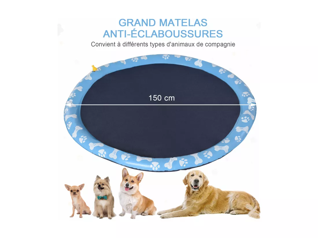 Piscine tapis à jet d'eau pour chien - Ø 1,5 m - pliable, facile à transporter - PVC bleu motifs os pattes