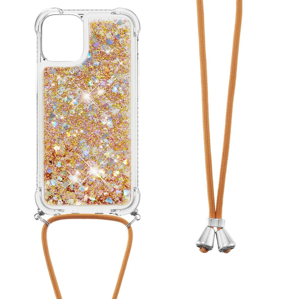 iPhone 13 Pro Necklace Gummi Hülle Liquid Glitzer   Handykette (130cm) - Braun / Gold