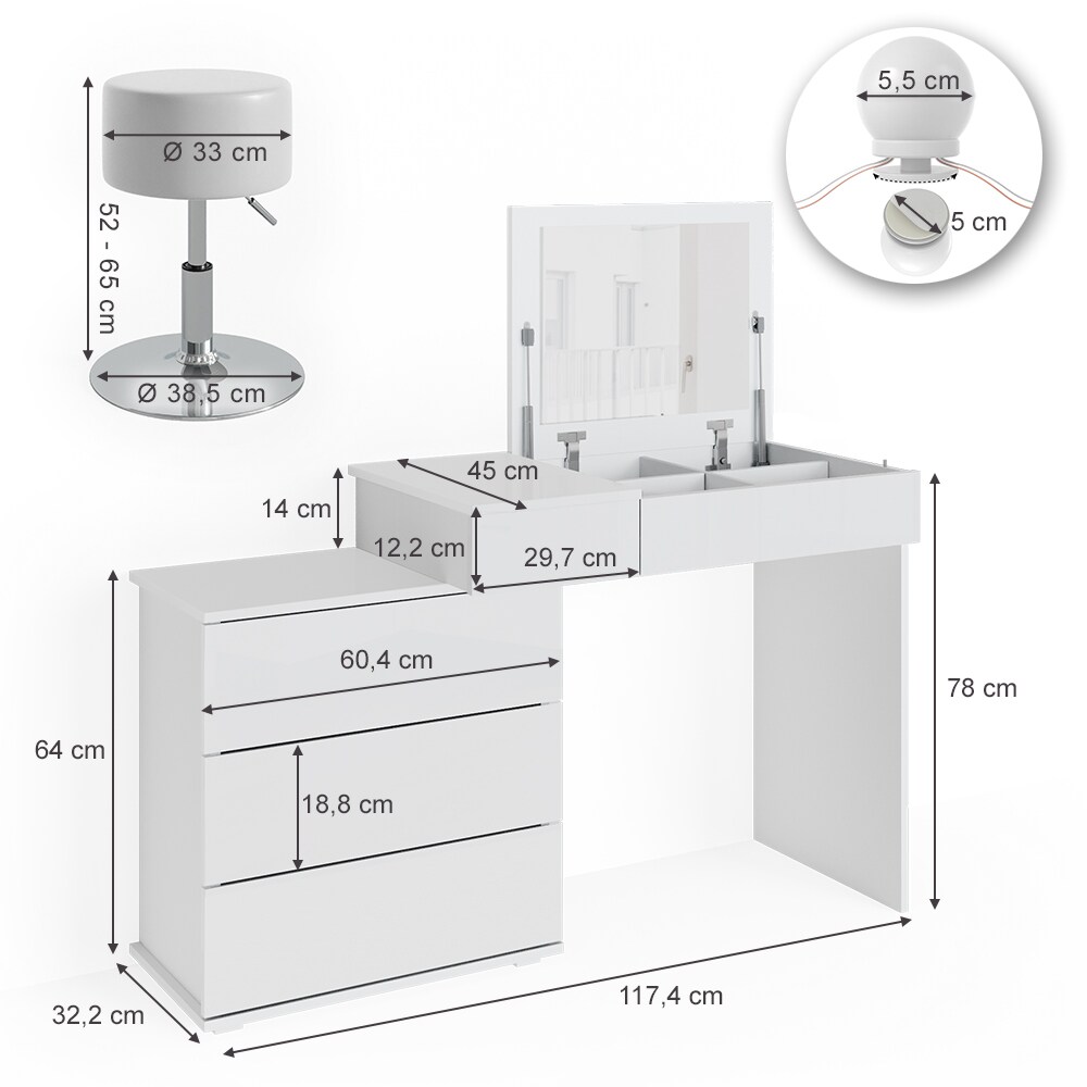 Vicco Schminktisch Frisiertisch Frisierkommode Lotos Weiß LED Spiegel Hocker