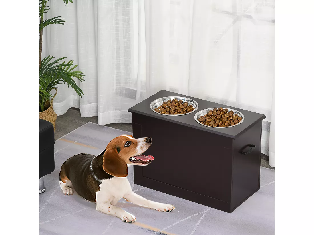 Gamelle double chien chat Porte-gamelles surélevé dim. 60L x 30l x 41H cm 2 gamelles poignées coffre MDF chocolat