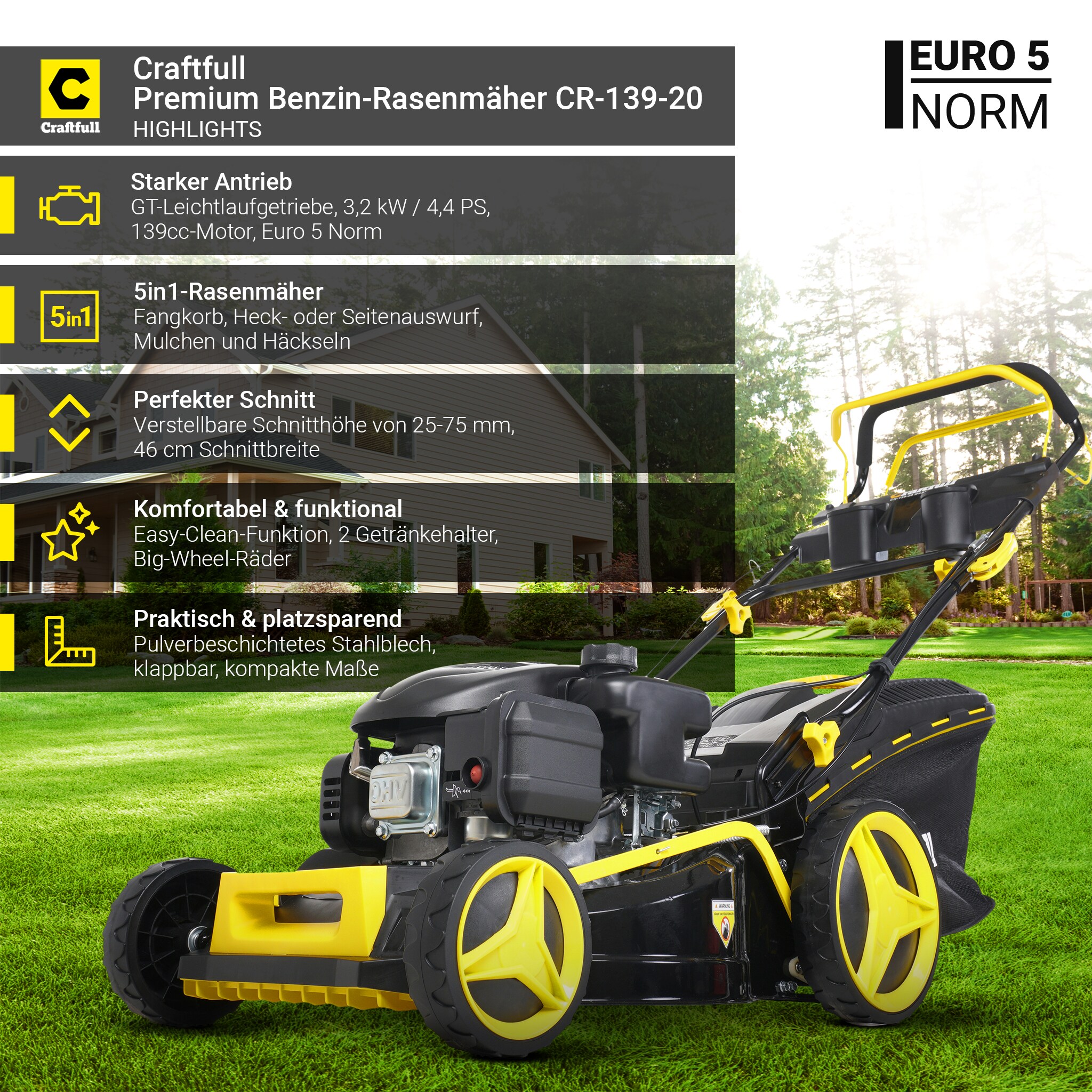 Craftfull Premium Benzin-Rasenmäher CR-139-20, 5in1, GT-Leichtlaufgetriebe, 139-cc-Motor, Easy-Clean