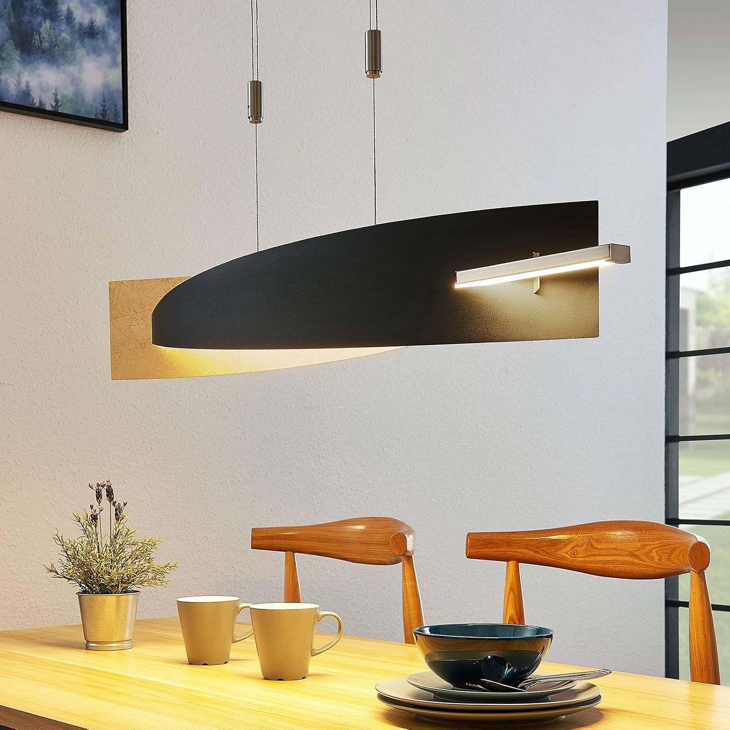 Lucande LED Pendelleuchte dimmbar Schwarz Gold, Esstisch Hängelampe höhenverstellbar 24W gesamt Esszimmerlampe Esstischlampe