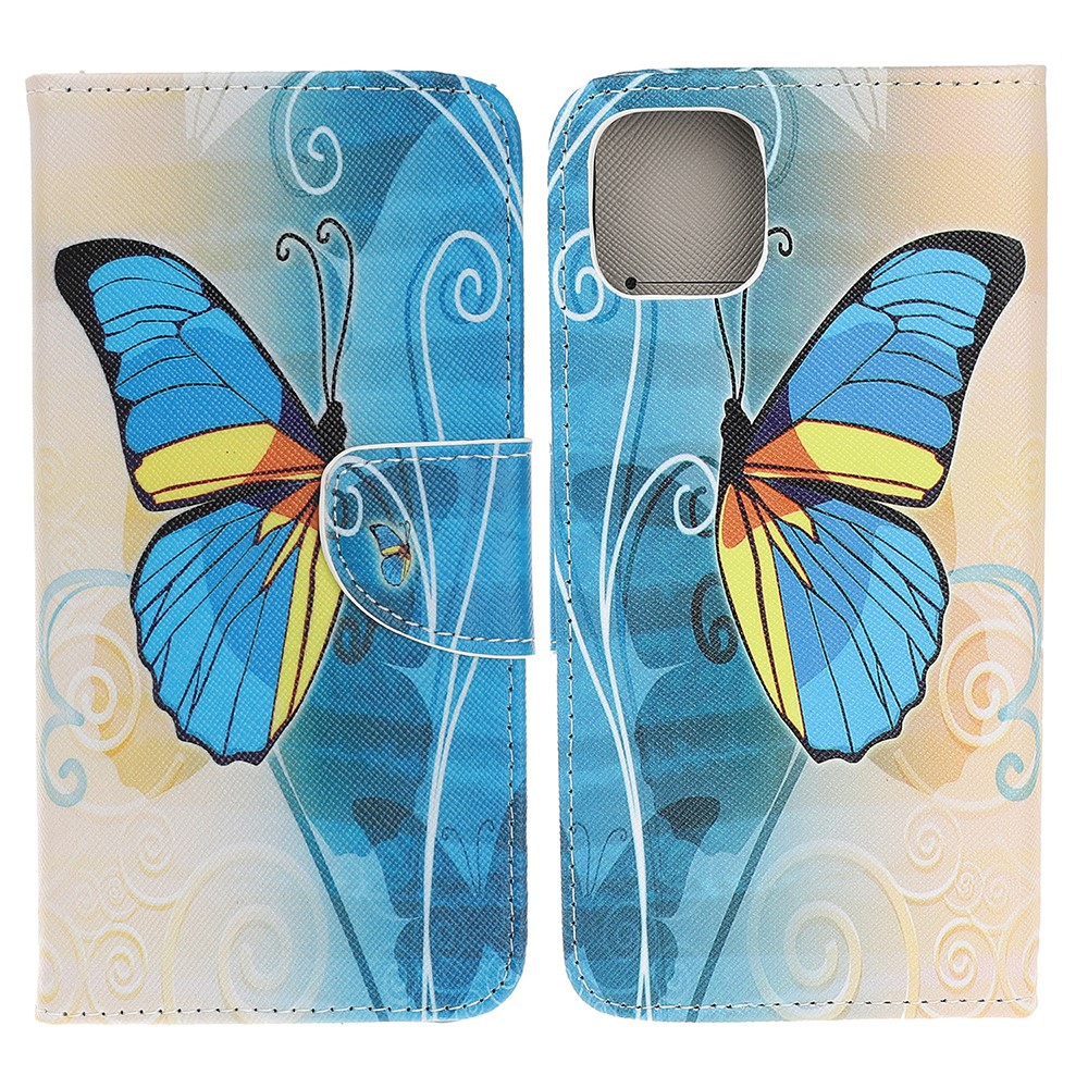 iPhone 13 Pro Leder Tasche mit Kartenfach Schmetterling - Blau