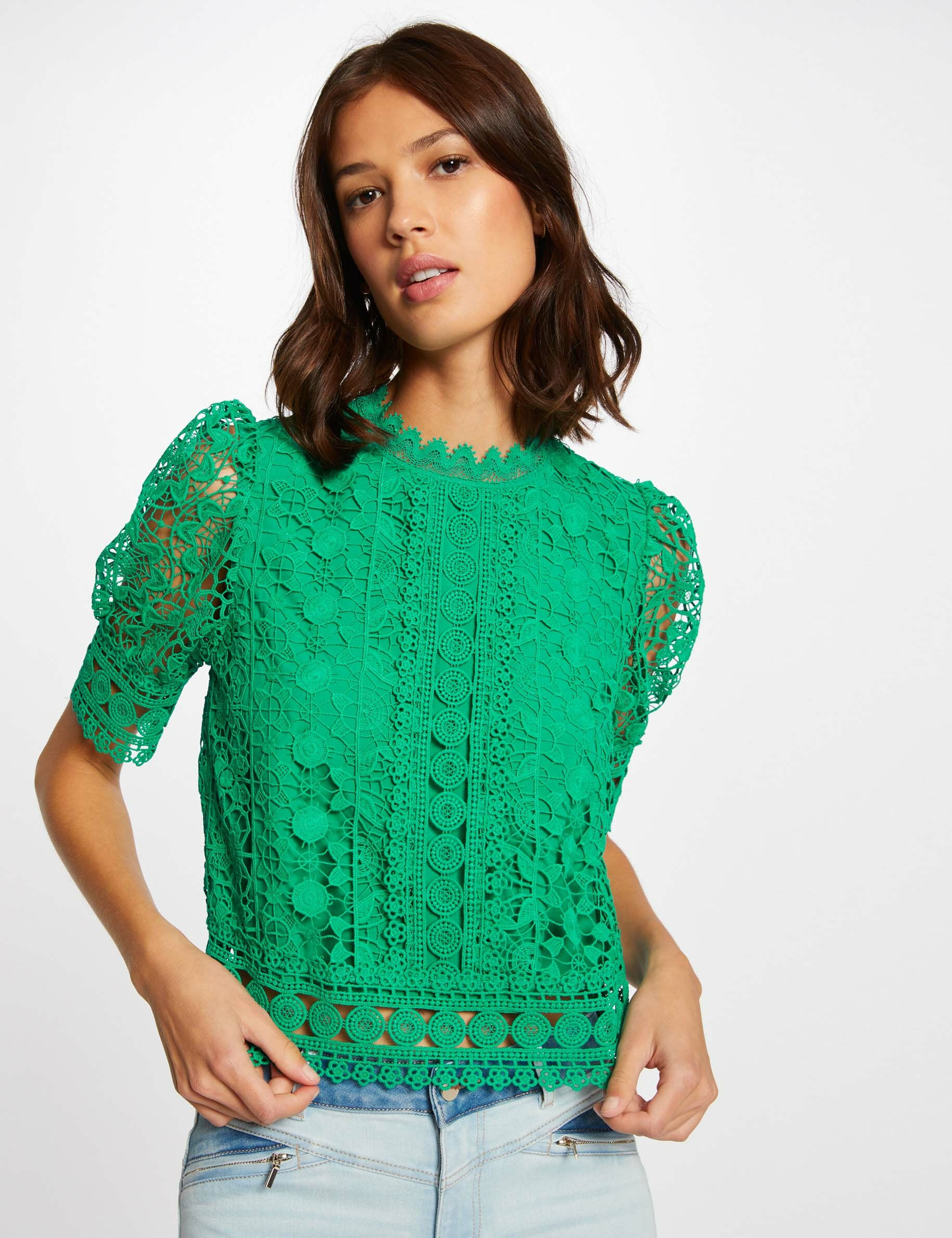 Blouse manches courtes en dentelle vert femme - vert