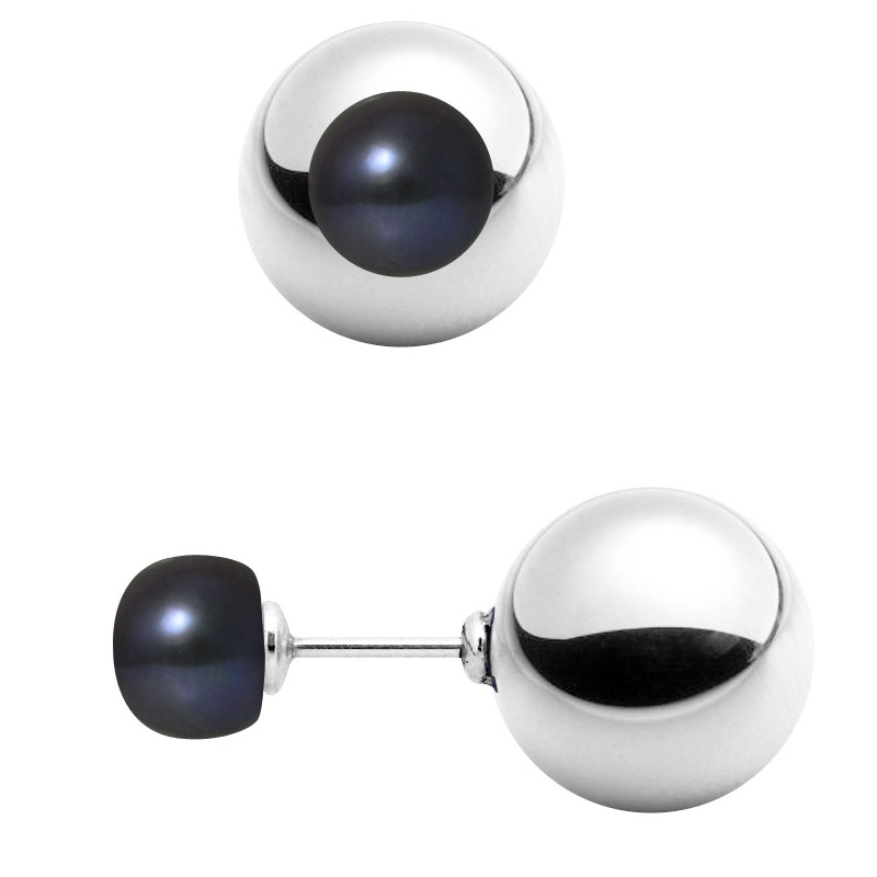 Boucles d'oreilles Perles de culture Noires et Argent 925