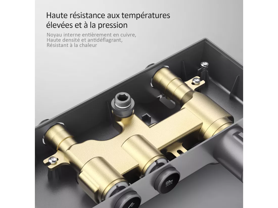 EMKE Colonne de douche thermostat, douchette à 3 puissances de jet, jet cascade, set de douche avec étagère en verre, Certification KTW, Gris métal