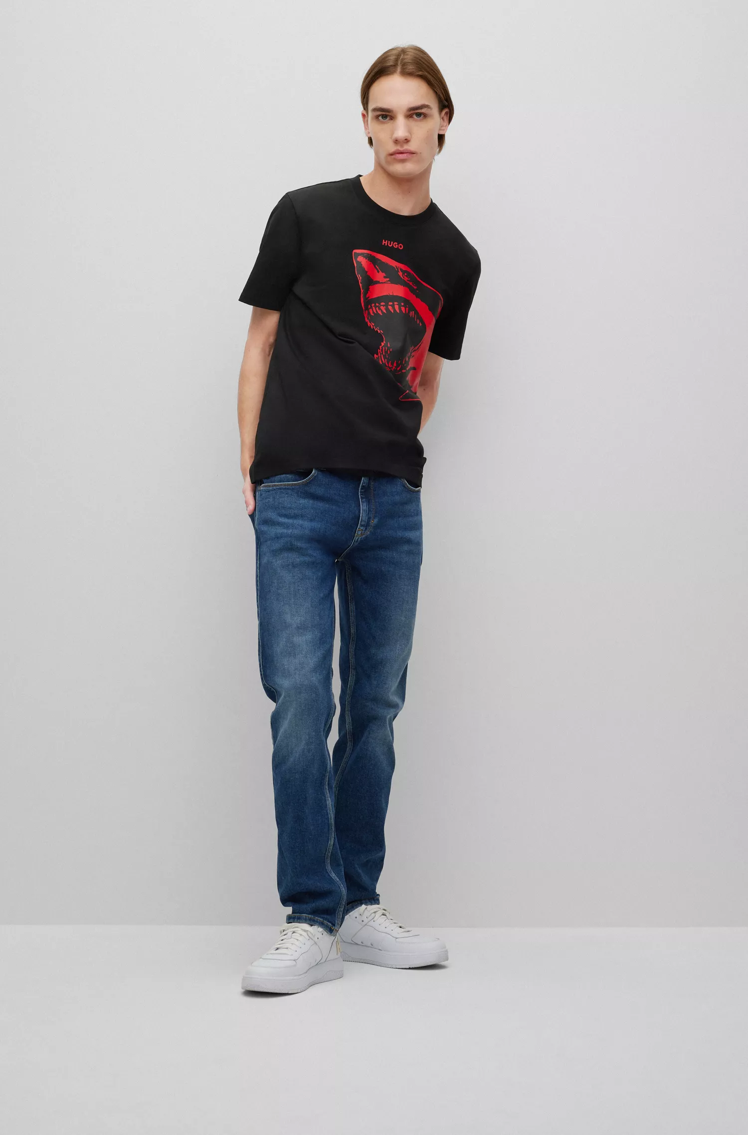 Camiseta HUGO vermelha em malha de algodão com estampa de tubarão vermelho