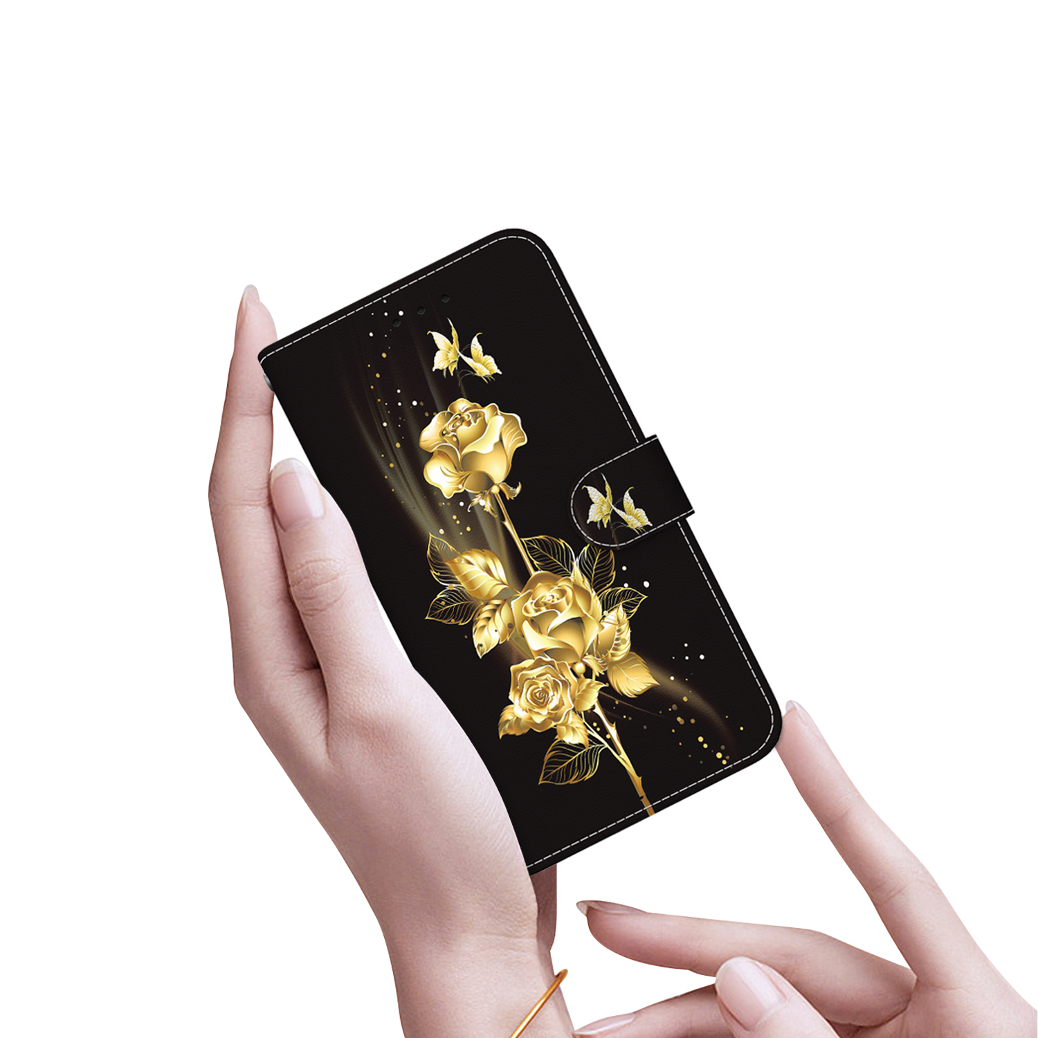 Samsung Galaxy S24 FE Leder Tasche mit Kartenfach   Handschlaufe - Goldene Rosen