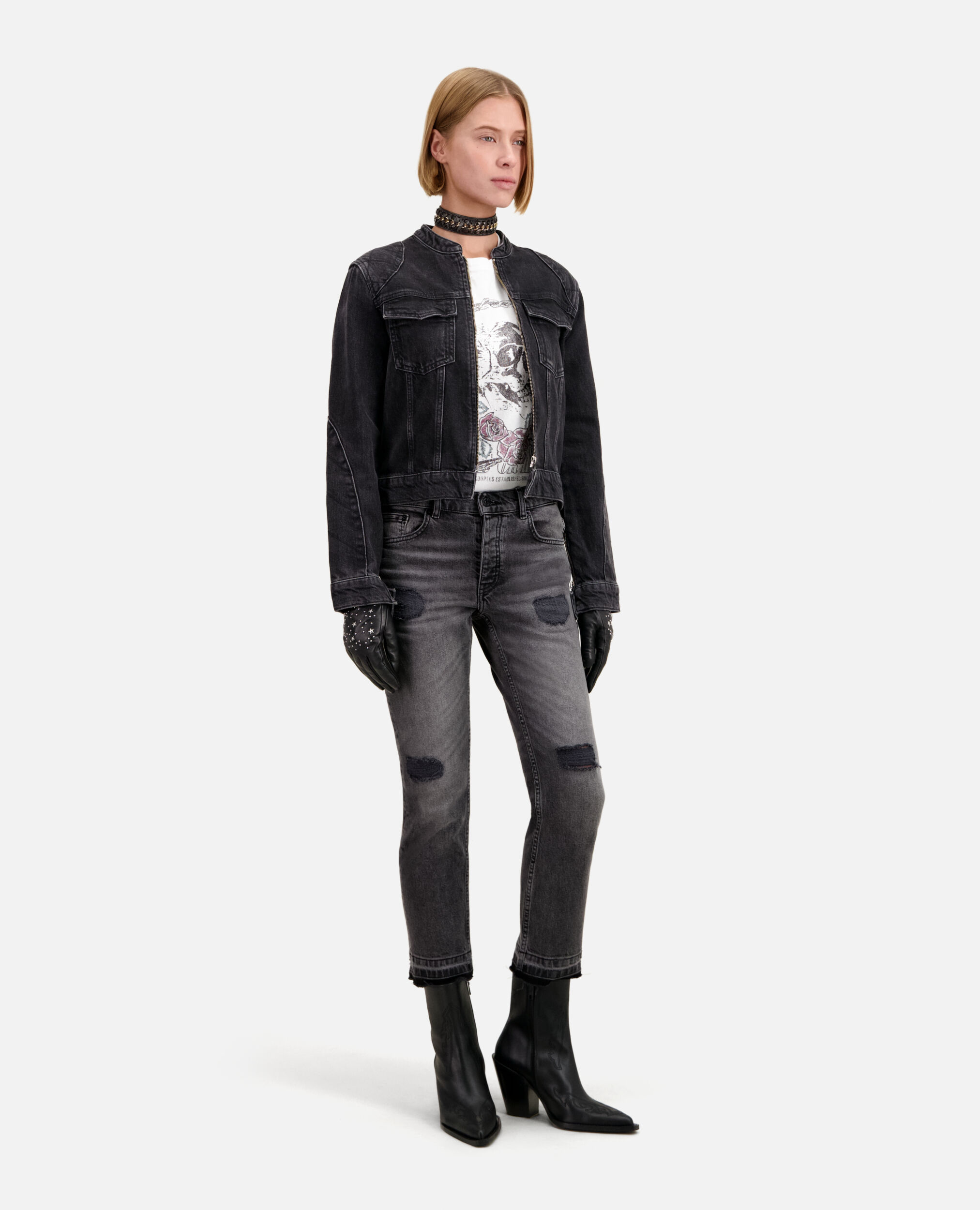 Black denim biker jacket
