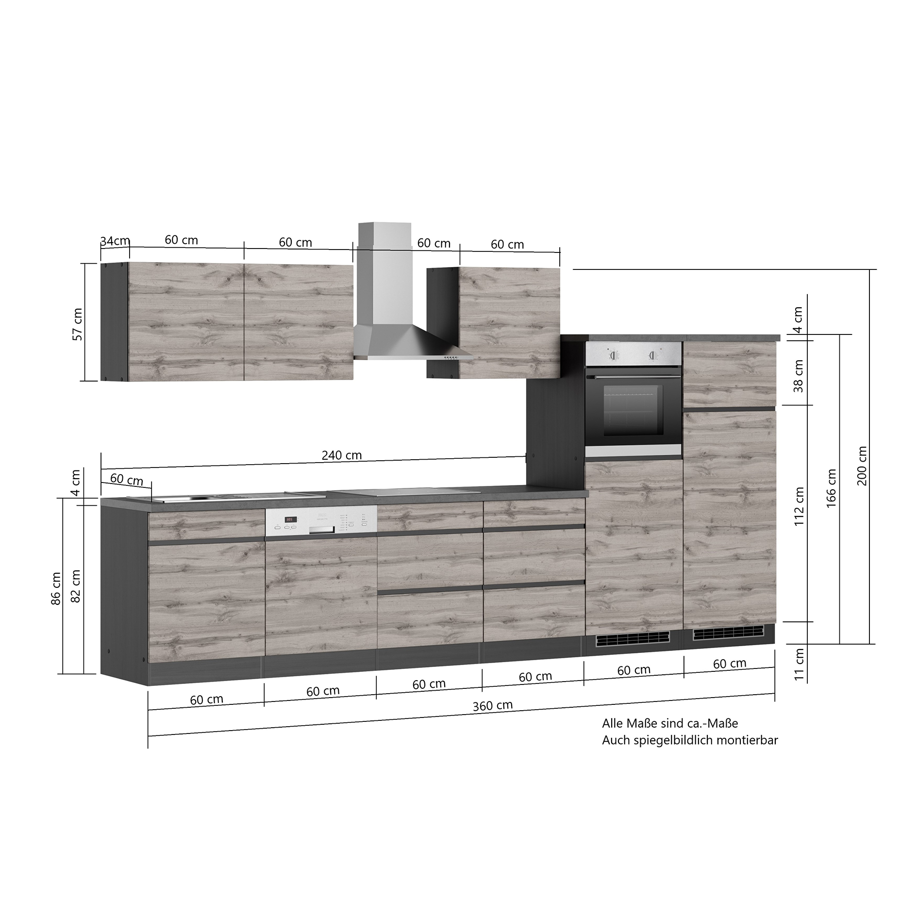 Küchenblock TURIN - Wotan Eiche-graphit - mit E-Geräten - 360 cm