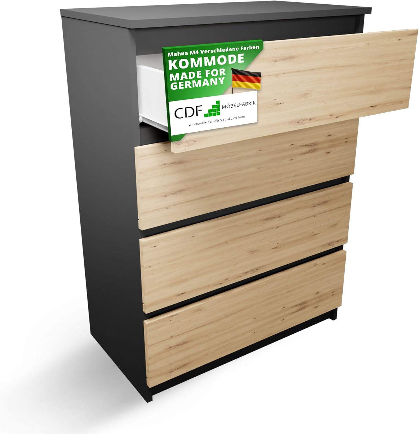 CDF Kommode Anthrazit Artisan mit 4 Schubladen 97 cm Hoch Sideboard Schmale Komode Schlafzimmerkommode für Flur Büro Schlafzimmer Wohnzimmer Schubladenschrank Regal mit Schubladen Schrank Möbelstück