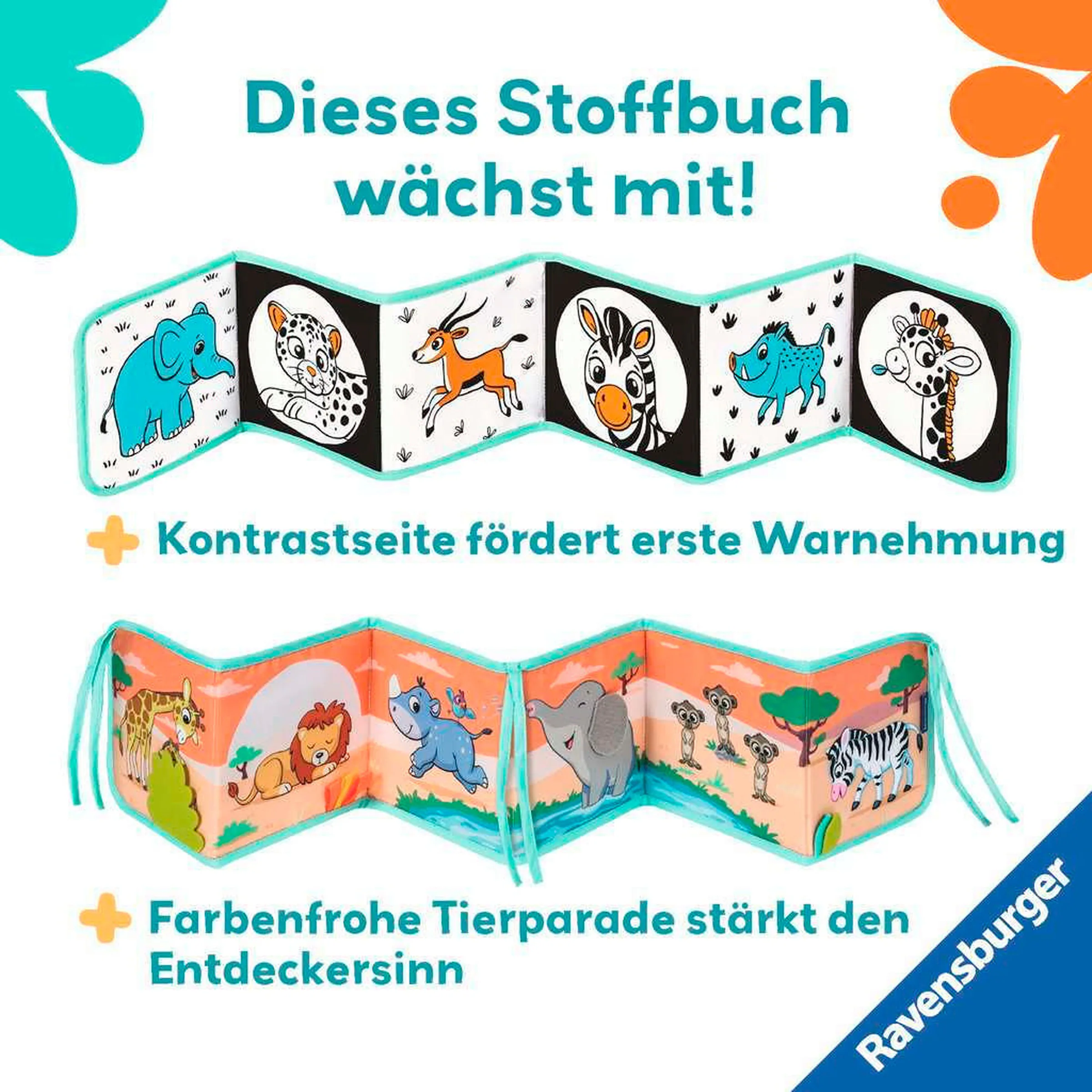 Ravensburger Mein allererstes Stoffbuch (für die Bauchlage): Wilde Tiere (Leporello)