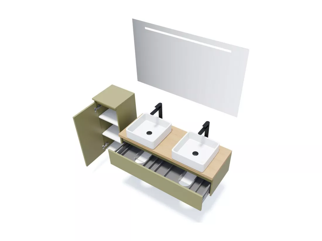 Meuble de salle de bain suspendu 2 vasques à poser 120cm 1 tiroir Vert olive - Hudson