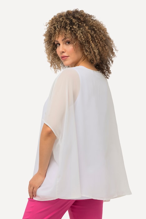 Chiffonbluse, Oversized, Rundhals, Halbarm
