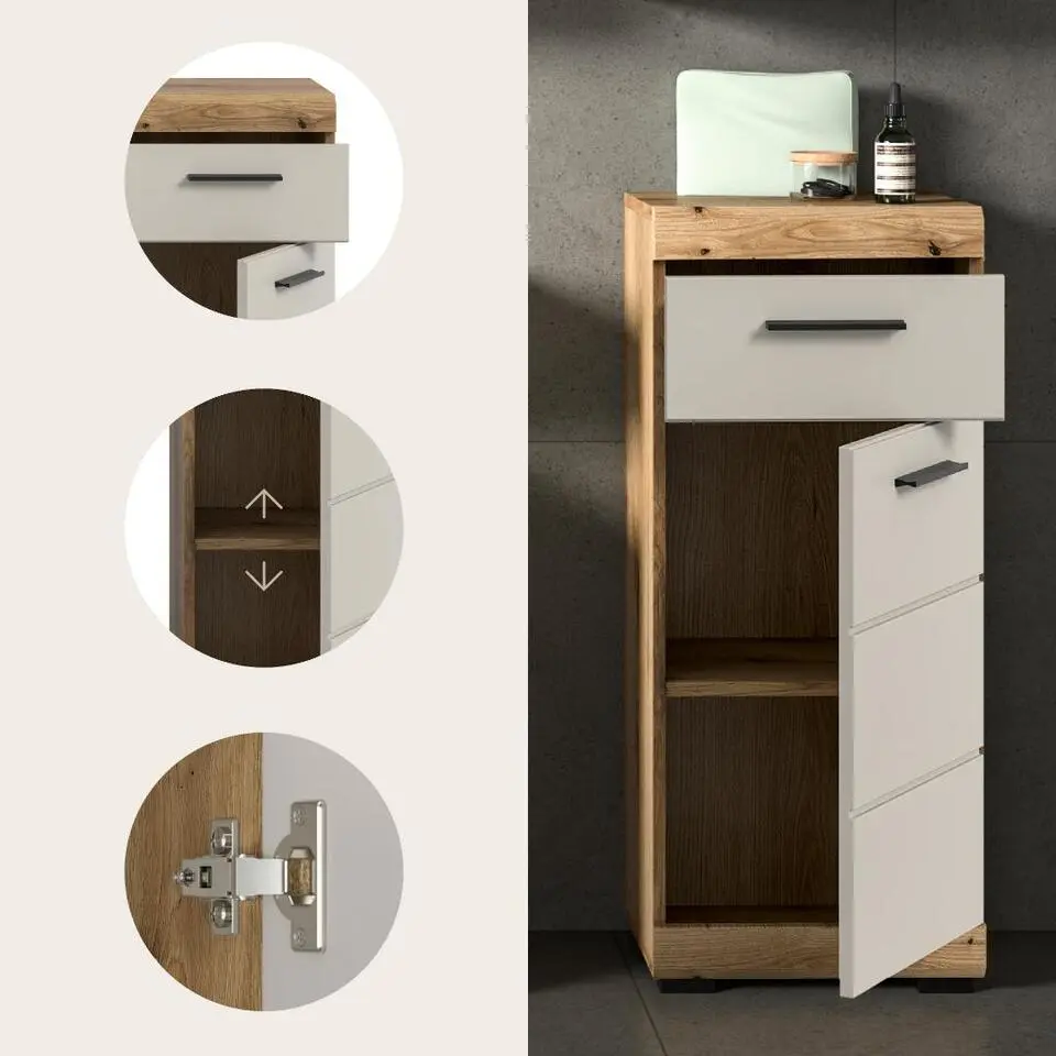 Hioshop Scout badkamerkast 1 deur- 1 lade kasjmier decor mat- eiken decor
