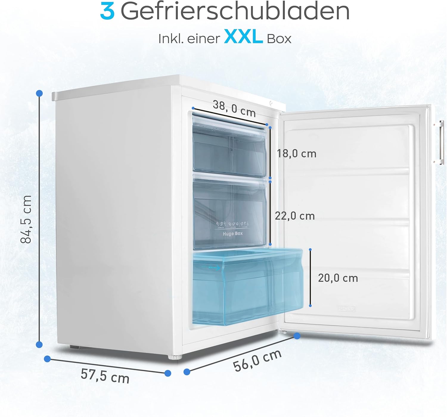 Heinrich´s Gefrierschrank, Mini, Temperatur:-18°C~-38°C, Freezer, 3x Gefrierschublade, Stufenloser Temperaturregler,Airflow, wechselbarer Türanschlag, 85 Liter Nutzinhalt, weiß