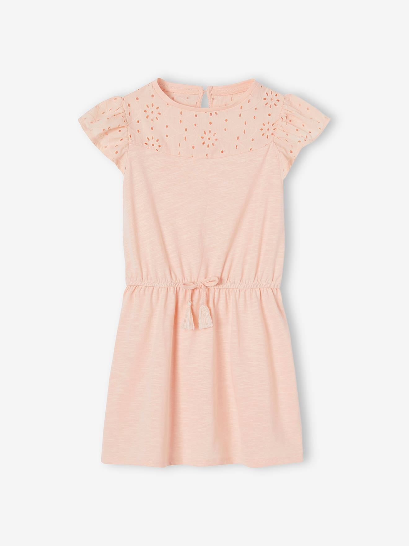 Vestido infantil com detalhes em bordado inglês na cor malva.