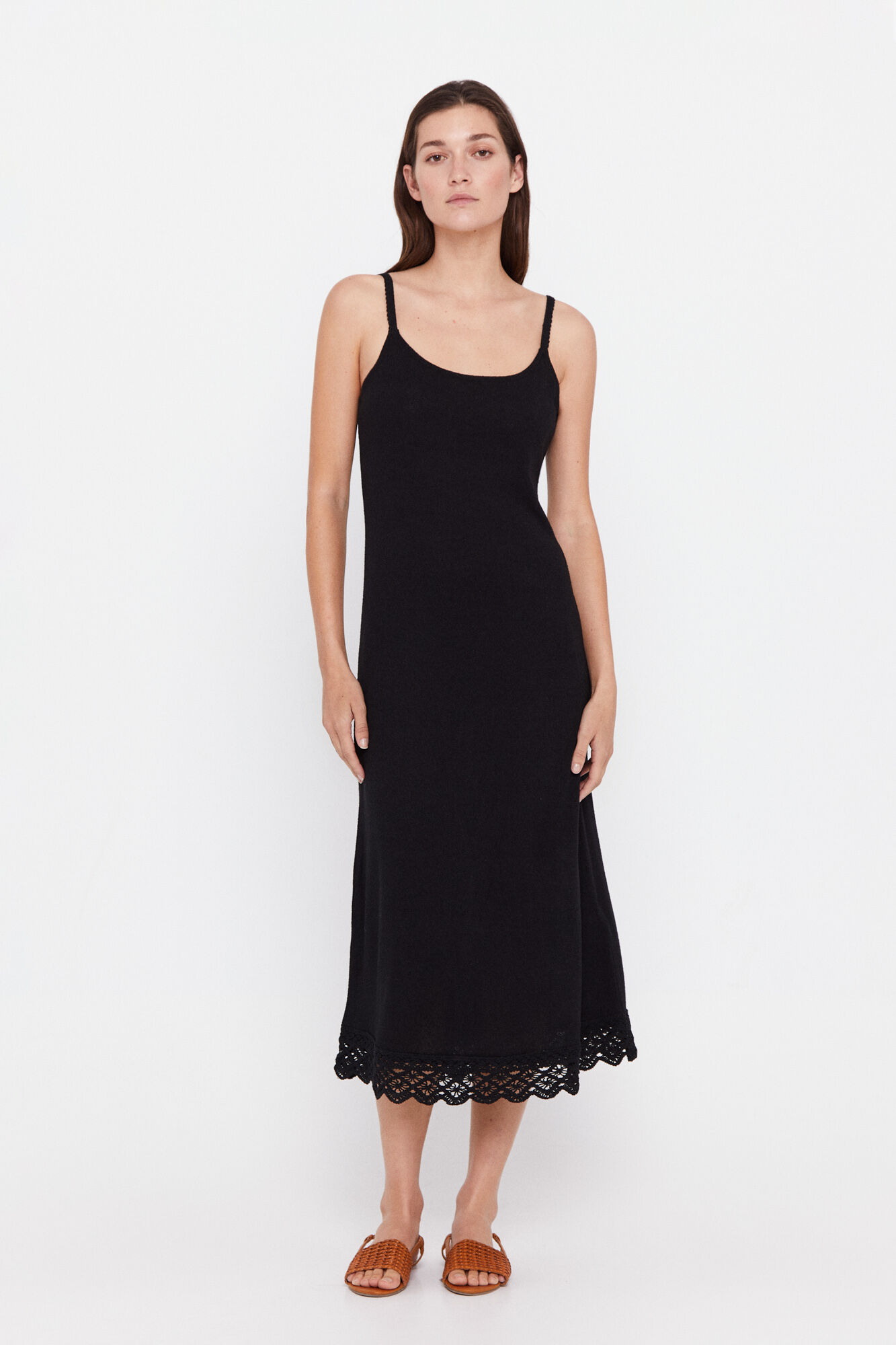 Vestido de tricô com detalhes em crochê - Preto