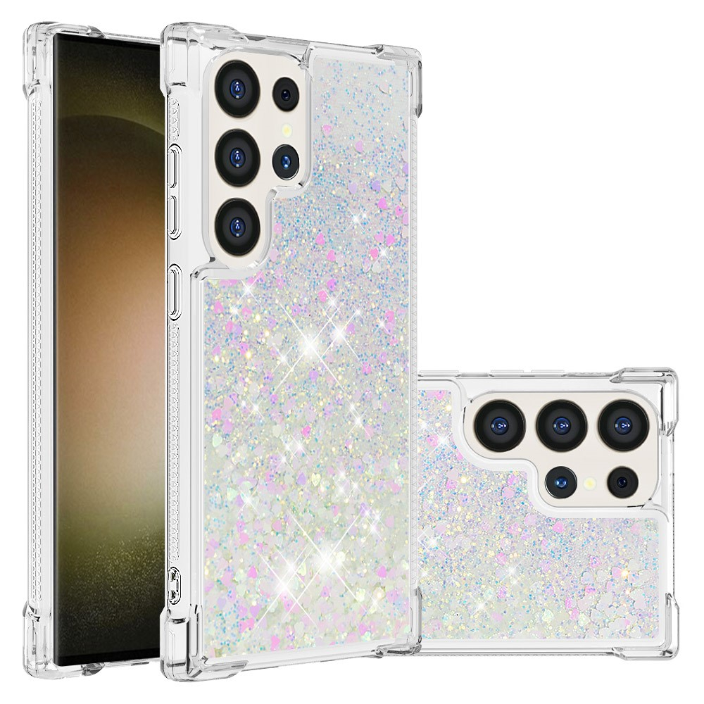 Samsung Galaxy S24 Ultra Hardcase Hülle mit Air Cushion Fallschutz Liquid Case Glitzer Herzen - Silber / Transparent