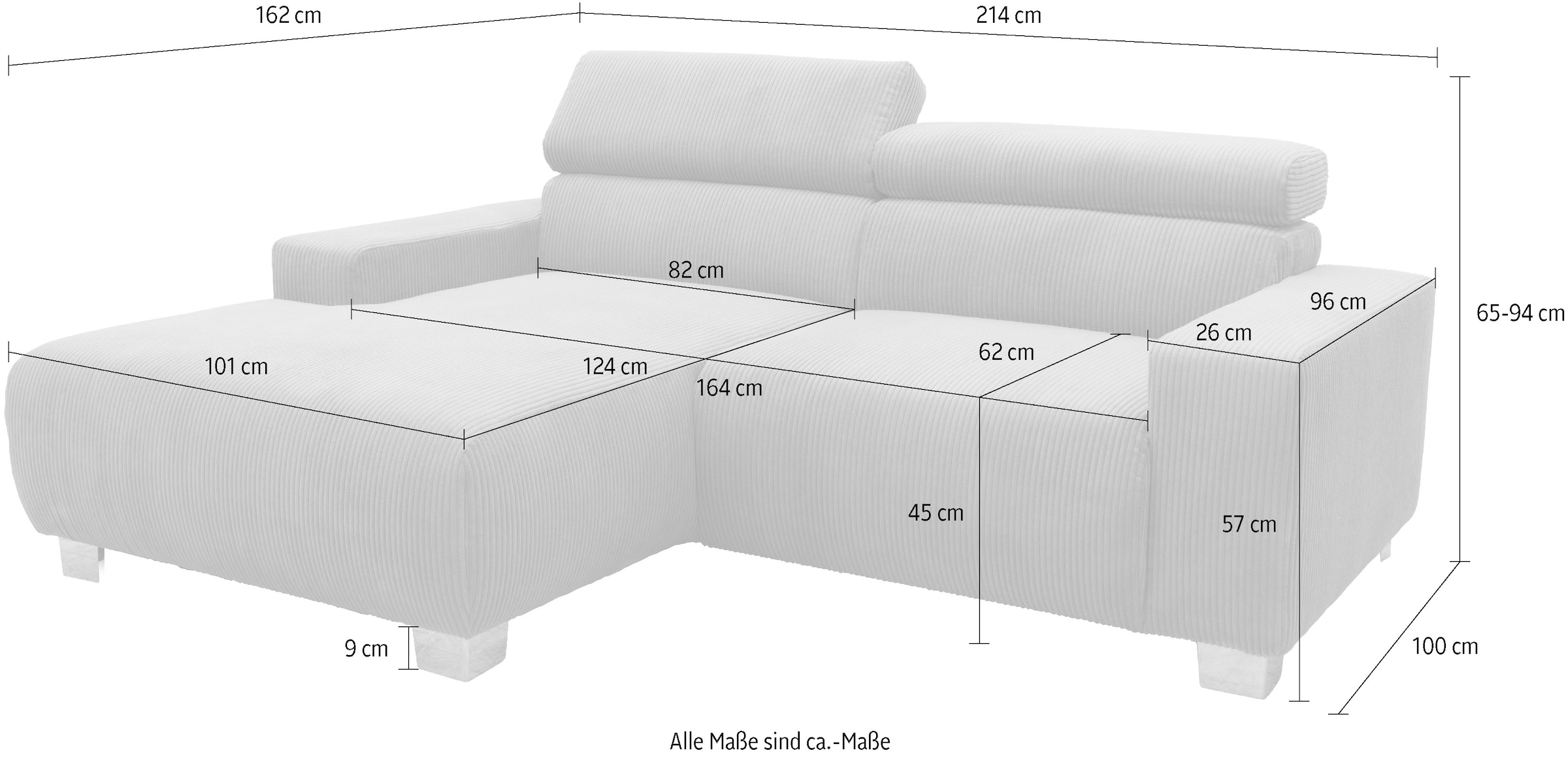 DOMO collection Ecksofa »100030 inkl. Kopfteilverstellung, guter Sitzkomfort, Cordbezug, L-Form« mit komfortabler Wellenunterfederung, ideal für kleine Räume